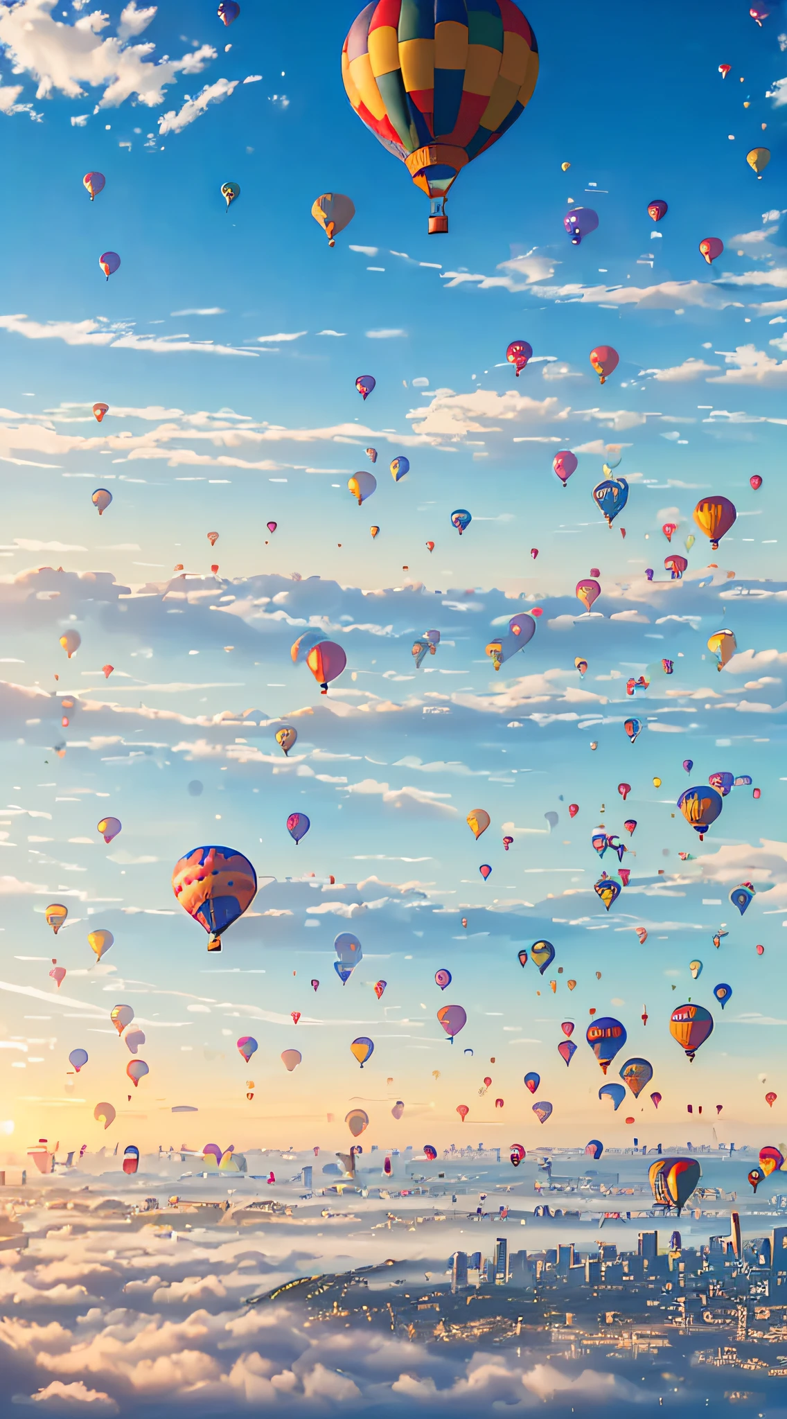 ((🎈 City in the Sky composed of hot air balloons)), artwork-quality quality, particle rendering, ({vivid} high saturation), ({floating} suspended), ({water} water surface) scenes, under ({🌈 ☀️ 🔮 sunlight} sunlight), (🌊 🌫️{fog} fog) surrounded by extremely distant perspectives. --v6
