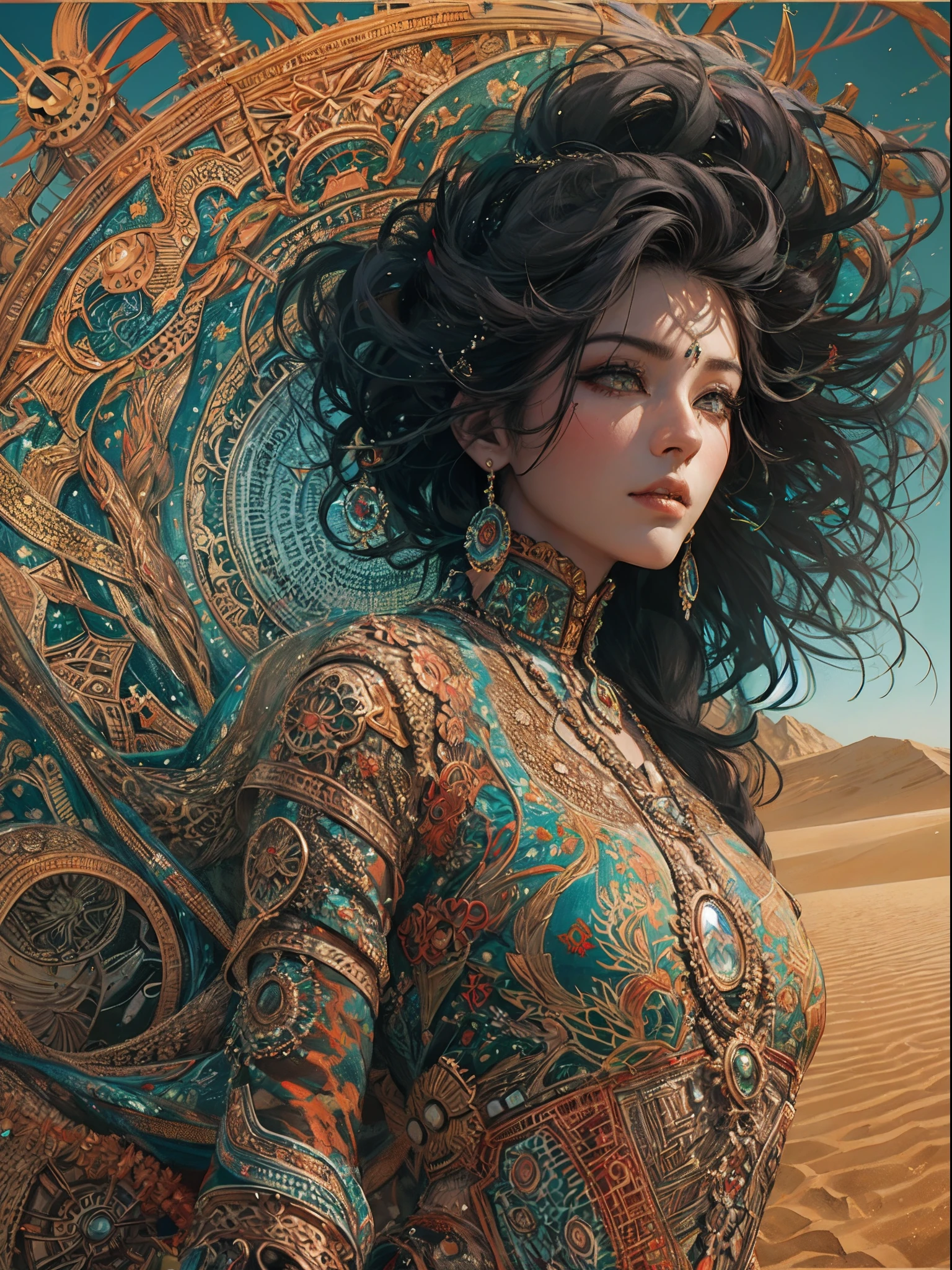 official arts, Unity 8k壁纸, Ultra-detailed, Beautiful and aesthetically pleasing, tmasterpiece, beste-Qualit, (zentangle, a Mandala, clew, meshing), (s fractal art: 1.3), 1 Bedouin, (Black hairstyle: Long hair) desert, Extremely detailed, dinamic angle, Cowboy shot, Most Beautiful Form of Chaos, elegant, a brutalist designed, bright colours, romanticism, Sand, Mirage, Lizard, the wind, Sun, Prickles, Tumbleweed