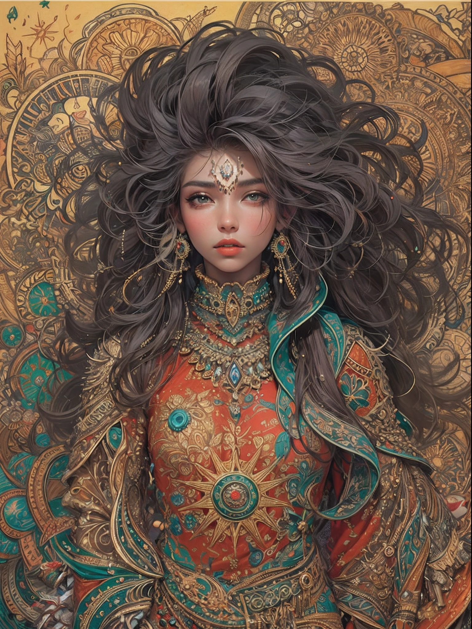 official arts, Unity 8k壁纸, Ultra-detailed, Beautiful and aesthetically pleasing, tmasterpiece, beste-Qualit, (zentangle, a Mandala, clew, meshing), (s fractal art: 1.3), 1 Bedouin, (Black hairstyle: Long hair) desert, Extremely detailed, dinamic angle, Cowboy shot, Most Beautiful Form of Chaos, elegant, a brutalist designed, bright colours, romanticism, Sand, Mirage, Lizard, the wind, Sun, Prickles, Tumbleweed