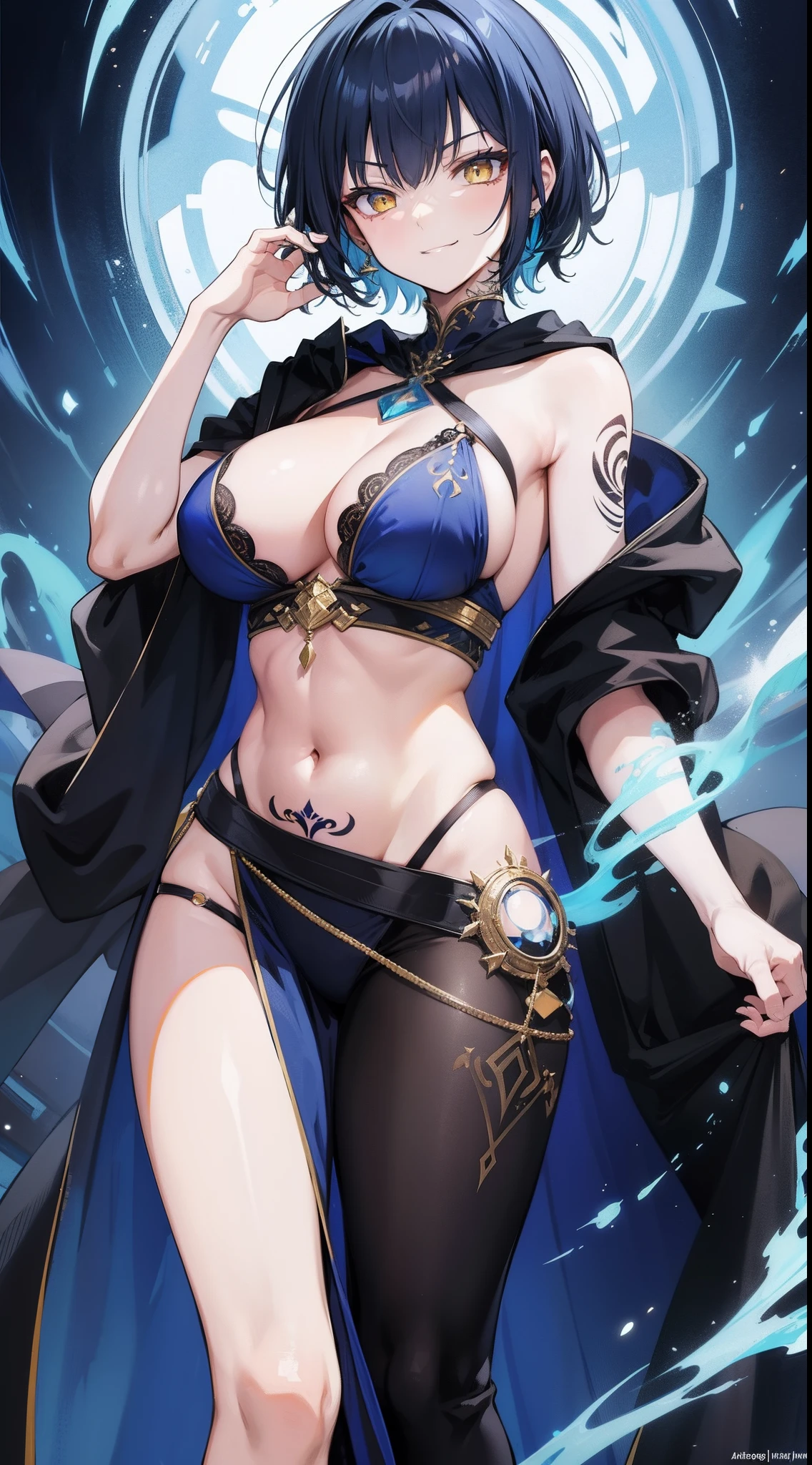 Adult woman, Short blue hair, Yellow eyes, tattoo, Dark magic dress, Sleeveless, open belly, open breasts, cloak, smirk, Masterpiece, hiquality