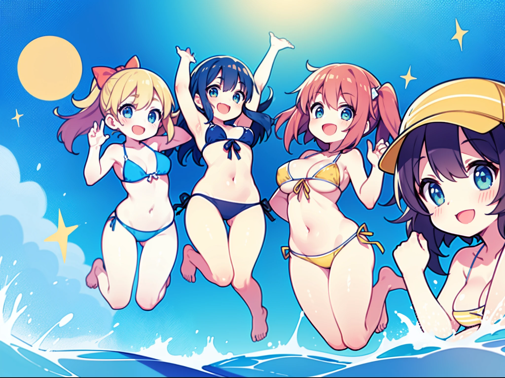 Masterpiece, Best Quality, 4 girls, sandy beach, tiny bikinis,jump, Smile, dynamic, Look at the viewer