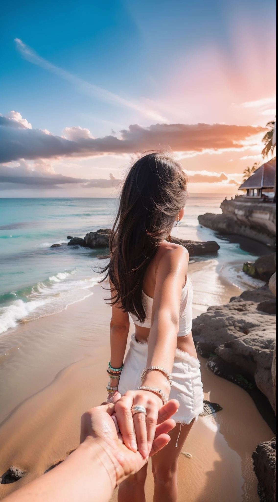 1girl,  black hair, 160cm, ultra detailed, highres, masterpiece, 
by_style, bf_holding_hands, 1girl holding hands with viewer,  walking in the beach in bali,