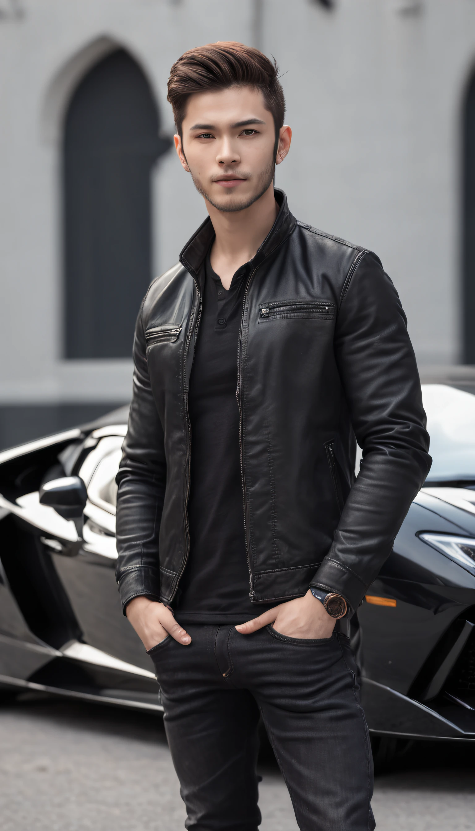 a young boy physically good wearing black shirt jeans that look awsome and dark jacket standing near a supercar and a heliptor on him potrait , a little bit distinguished forehead , black eyes , light beard