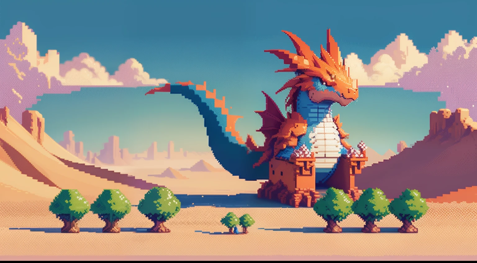 Pixel image of a dragon, A desert,blue-sky,baiyun,depth of fields,Dragon pixel art, 1 0 0 0 x 1 0 0 0 pixel art, pixel art sprite, videogame sprite, high quality pixel art, Pixel art vintage Digimon bitmap, For red and blue Digimon,Pixel uh, 32-bit pixel art, vintage art, pixel art 8 - bit, pixelart style