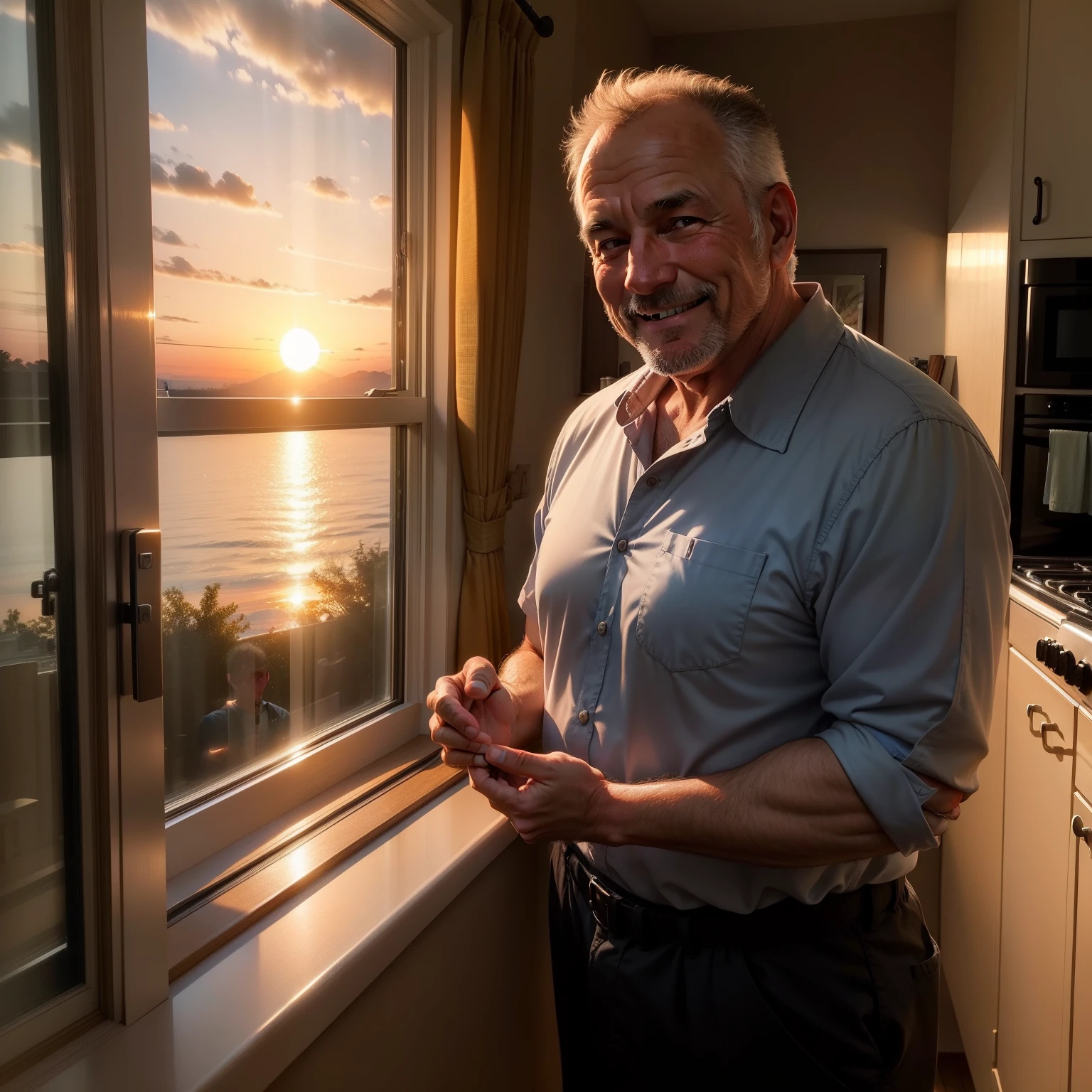 Middle-aged man fingering the sunset outside the window in indoor kitchen，The setting sun fell on the man's face，The man had a big smile on his face