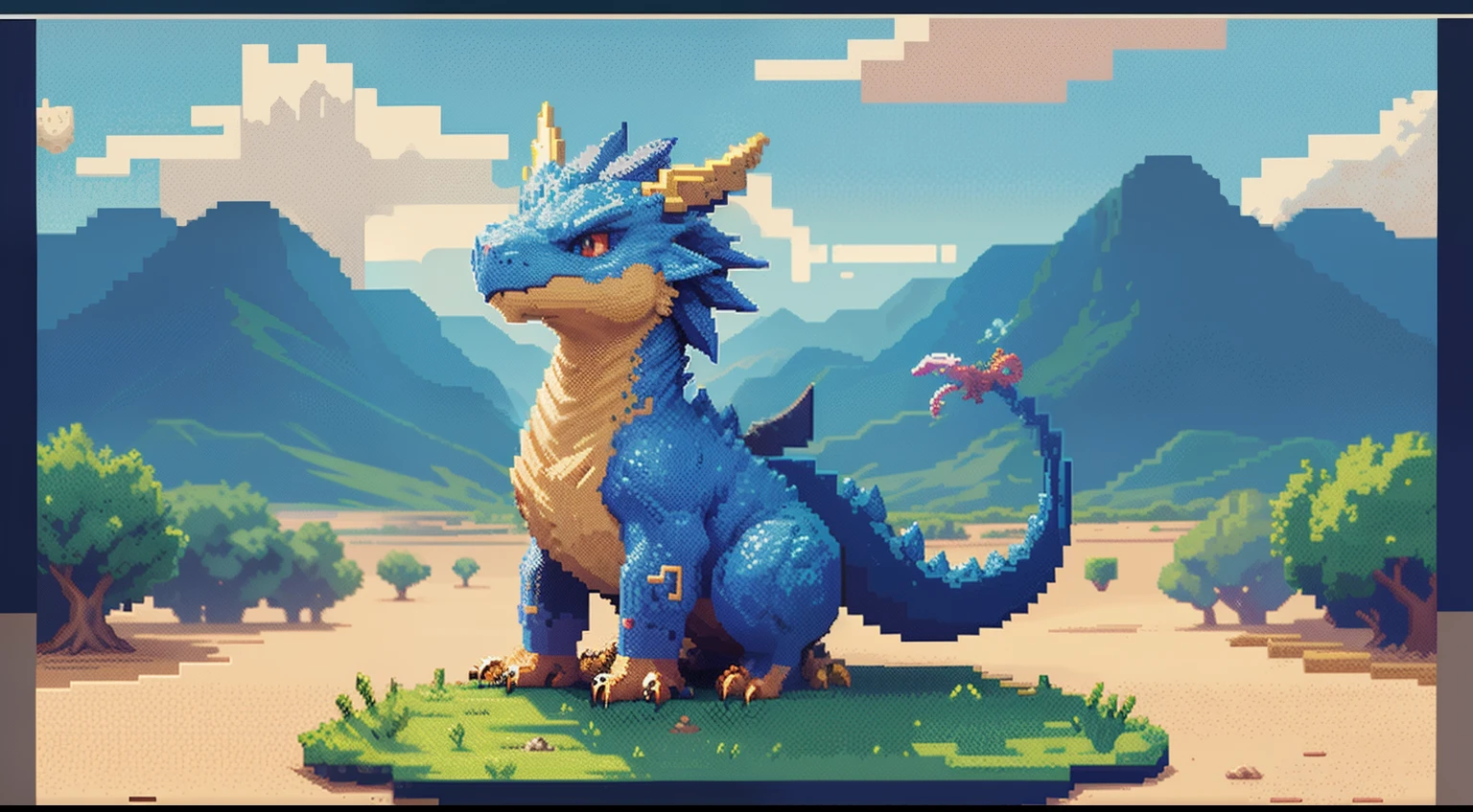 Pixel image of a dragon, A desert,blue-sky,baiyun,depth of fields,Dragon pixel art, 1 0 0 0 x 1 0 0 0 pixel art, pixel art sprite, videogame sprite, high quality pixel art, Pixel art vintage Digimon bitmap, For red and blue Digimon,Pixel uh, 32-bit pixel art, pixel art 8 - bit, pixelart style,Colors are vivid and highly saturated