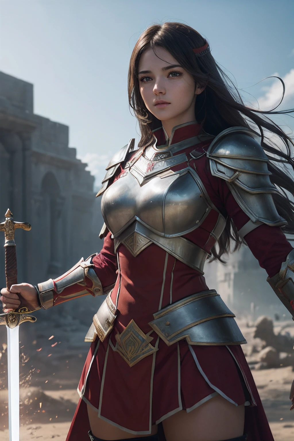 Junior Centurion Warrior, Red and gray armor, Men and women work together, Men and women side by side, cheerfulness, Female Warrior, ultra - detailed, 8K, Unreal Engine 5, celebrating, Beautiful anime style girl all over, clean detailed faces, underdressing, analogous colors, Glowing shadow, beautiful gradation, Depth of field, Clean image, Football field setting, High quality, High detail, High definition, Luminous Studio graphics engine, Cute face, Heroic, sword, victory, full bodyesbian, Extremely detailed face, Bright eyes, Beautiful girl, fantasy, complimentary colours, insanely detailed and intricate, Ultra photo realsisim, Super detailed, Ultra HD, Vivid, Low angle