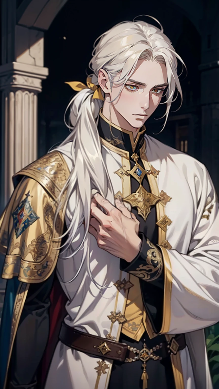 Realistic, (masterpiece, top quality, best quality, official art,) very detailed, most detailed, (1boy:1.3), long white hair, golden pupil, mysterious, handsome man,Priest,((medieval fantasy style)), fantasy clothing, intricate details, 1 male, handsome, tall muscular guy, low ponytail with yellow ribbon