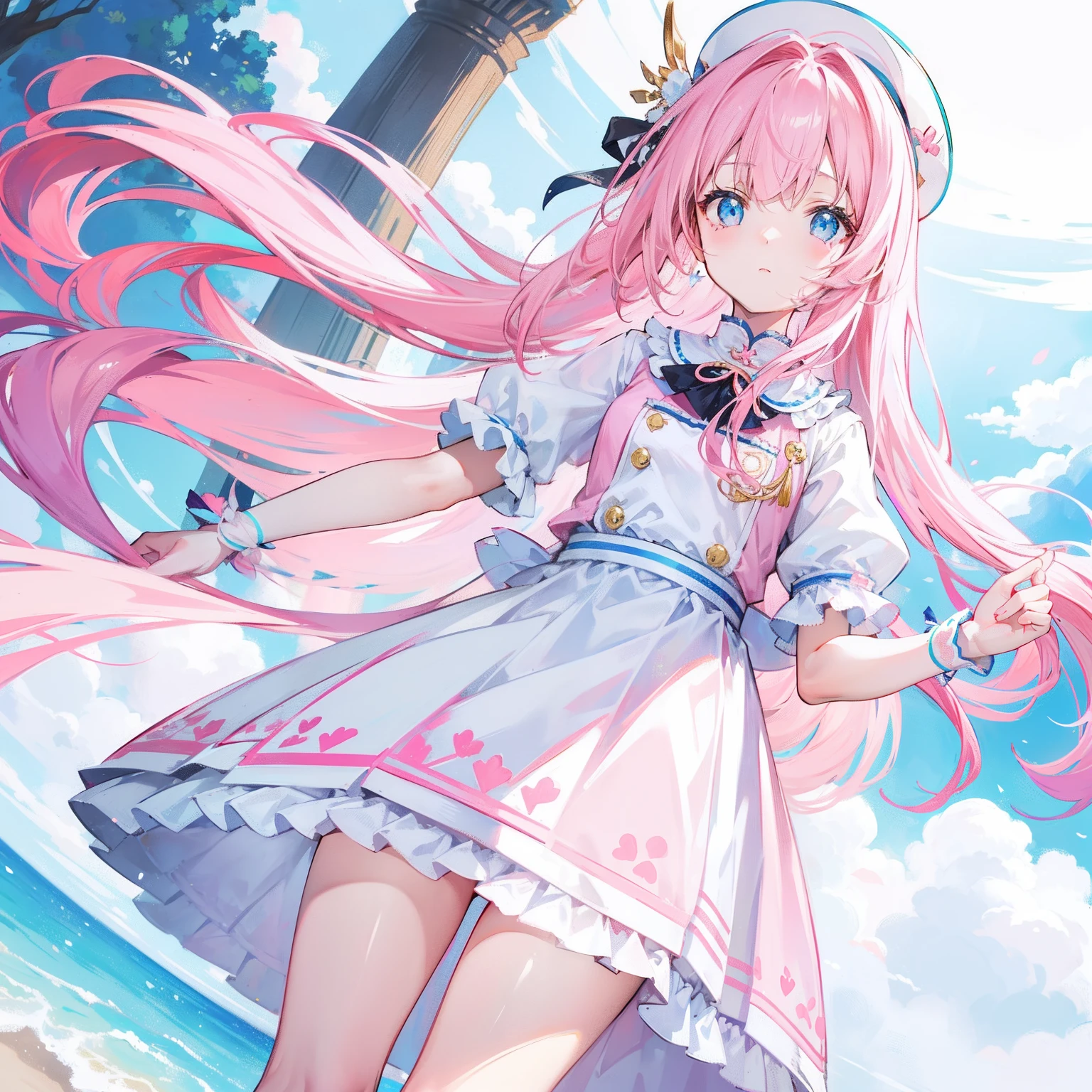 Long hair with light pink and white,Blue, White and pink clothes,She is a cute and cute girl,Transfer sister,It looks very light and gentle