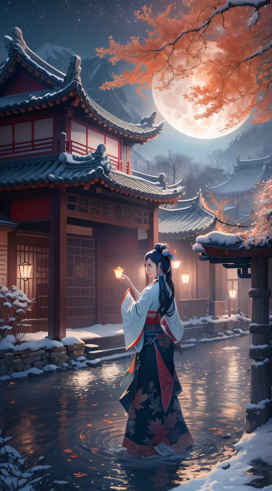 (An ancient Chinese beauty is dancing),(anatomy correct,The hands and face are very delicate and clear),(Surreal CG rendering ancient China,Jiangnan ancient buildings and ancient towns have Yaolin wonderland。the night,the huge moon:1.5,The stars are bright,The smoke is fascinating,Maple leaves and milk leaves are trees。snow landscape。),(wide angles,Ultra HD details,masterpiece, UHD, super detail, high details, best quality, highres, highres, award winning, award winning, anatomically correct, 8k,)