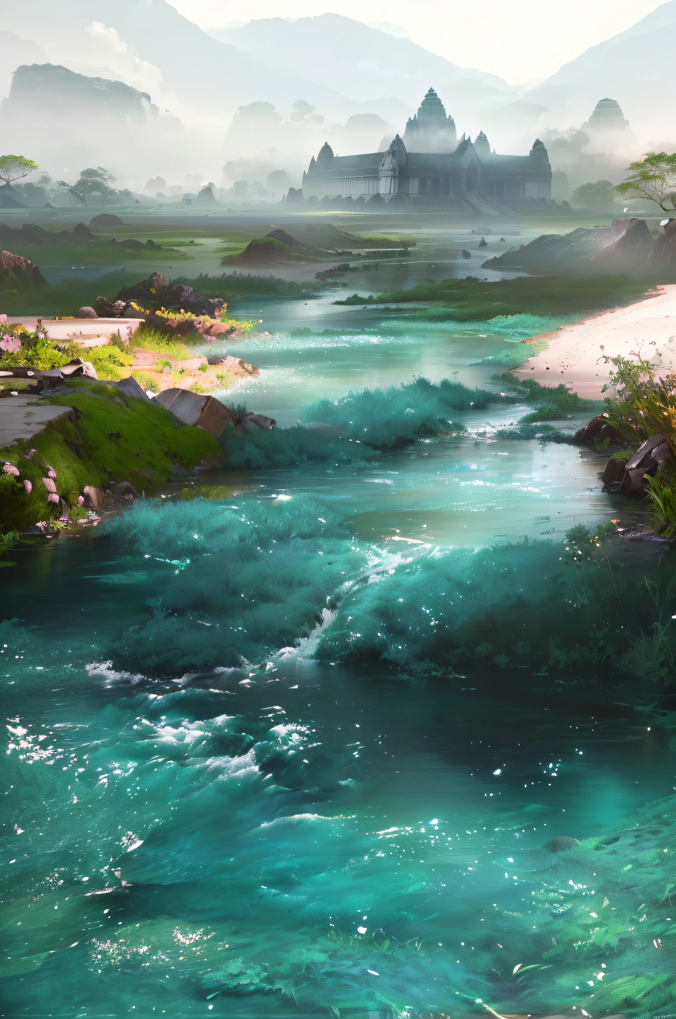 There is a river in the rainforest,Lots of trees on both sides of the river, At the end of the river is Angkor Wat,painterly concept art, 8k resolution digital painting, 8 k resolution digital painting, vibrant water river, Unreal Engine Digital Painting, Relaxing concept art, beautiful digital painting, Gorgeous digital painting, river with stunning water, highly realistic concept art, Stunning! concept-art, environment painting, river with low hanging plants