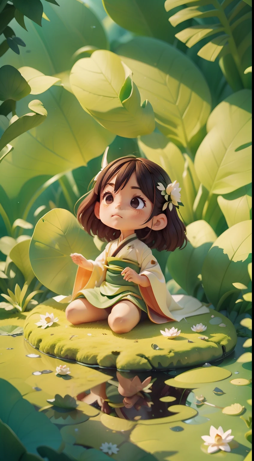 Pods full of lotus flowers, A little boy happily sits on the lotus leaves of a pod, Huge lotus leaf, Barefoot, Dressed in white and green Hanfu, Light and shadow, A masterpiece