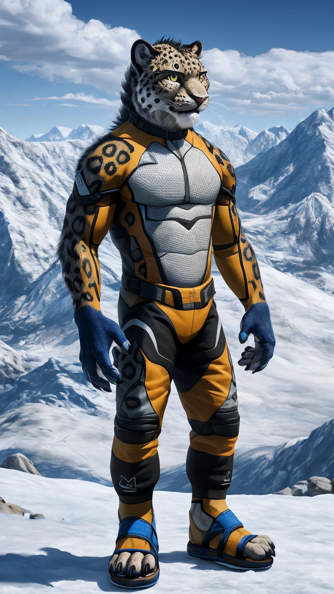 Simulated Machine Leopard,male,Android,Red Lingeri,sandals,standing in the snowy mountain,HD graphics,Detailed and realistic,high detal,high qulity,photo-realistic,photorealistic eye,Detailed paws,Clear eyes,Masterpiece artwork,Five-fingered hands,top-quality,32k,hyper HD,cg art