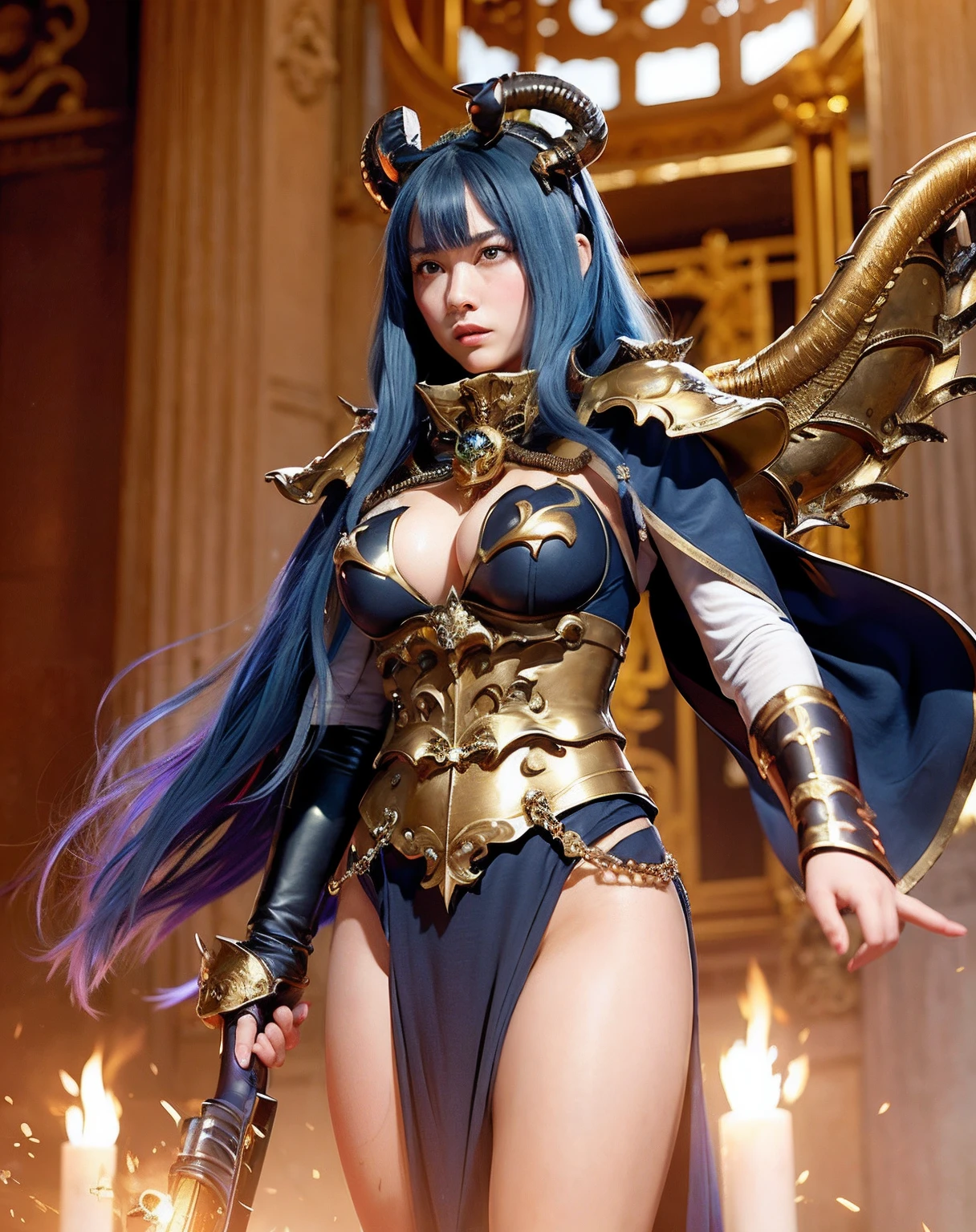 Professional , ​masterpiece、top-quality、photos realistic , depth of fields 、（Gemstone Blue Metal Body:1.２),(Matte Blue Black、（Standing in the church）、gold patterns、Wind-effect、Light Effects、Wind-effect、magic circles、（cleavage of the breast）、Dragon Gold Weapon（Dragon Metal Body:1.４),Gorgeous gold weapons ,（Particles of light）、（Strange expressions）、Mystical expression、16-year-old beautiful girl、（（ Dragon's dense and gorgeous sword）） , Ultimate Beauty   、（（Blue hair））、（Castle background）、The dragon、（（Gangle's forest background））、Beautiful Caucasian beauty、（１a person）、dynamic ungle,(((Details of the two demon horns on the head)))、Smaller head、A smile、Castle background、Thin and beautiful female hands、cleavage of the breast、Soldier in iron armor on background、Mystical expression、Light Effects、Wind-effect、magic circles、With the legendary magic wand、（demonic wings）、（Blue hair）、（1 persons）、Battle Look、Anatomically correct body、Toostock、Toostock、