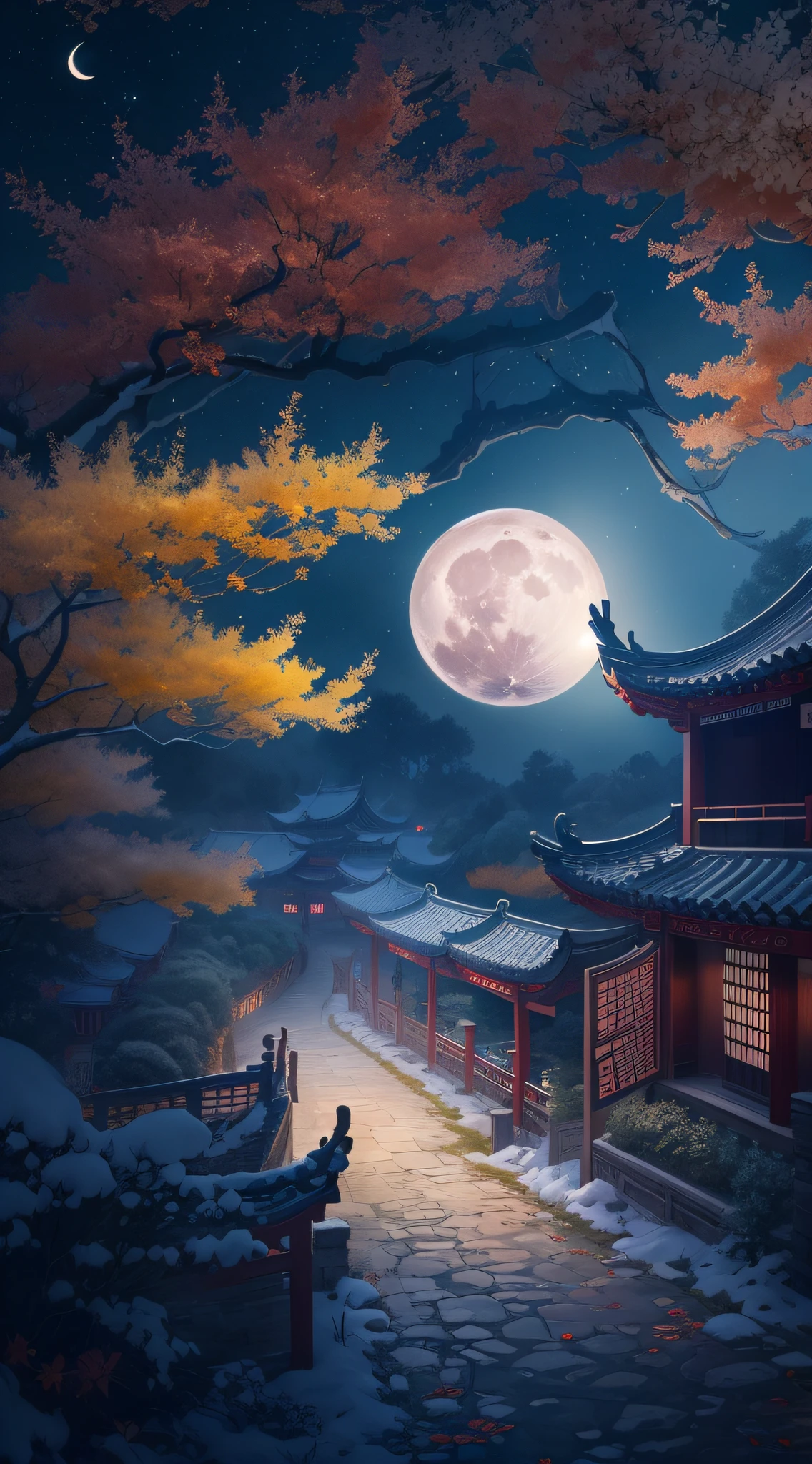 (An ancient Chinese beauty is dancing),Surreal CG rendering ancient China,Jiangnan ancient buildings and ancient towns have Yaolin wonderland。the night,the huge moon:1.5,The stars are bright,The smoke is fascinating,Maple leaves and milk leaves are trees。snow landscape。k hd