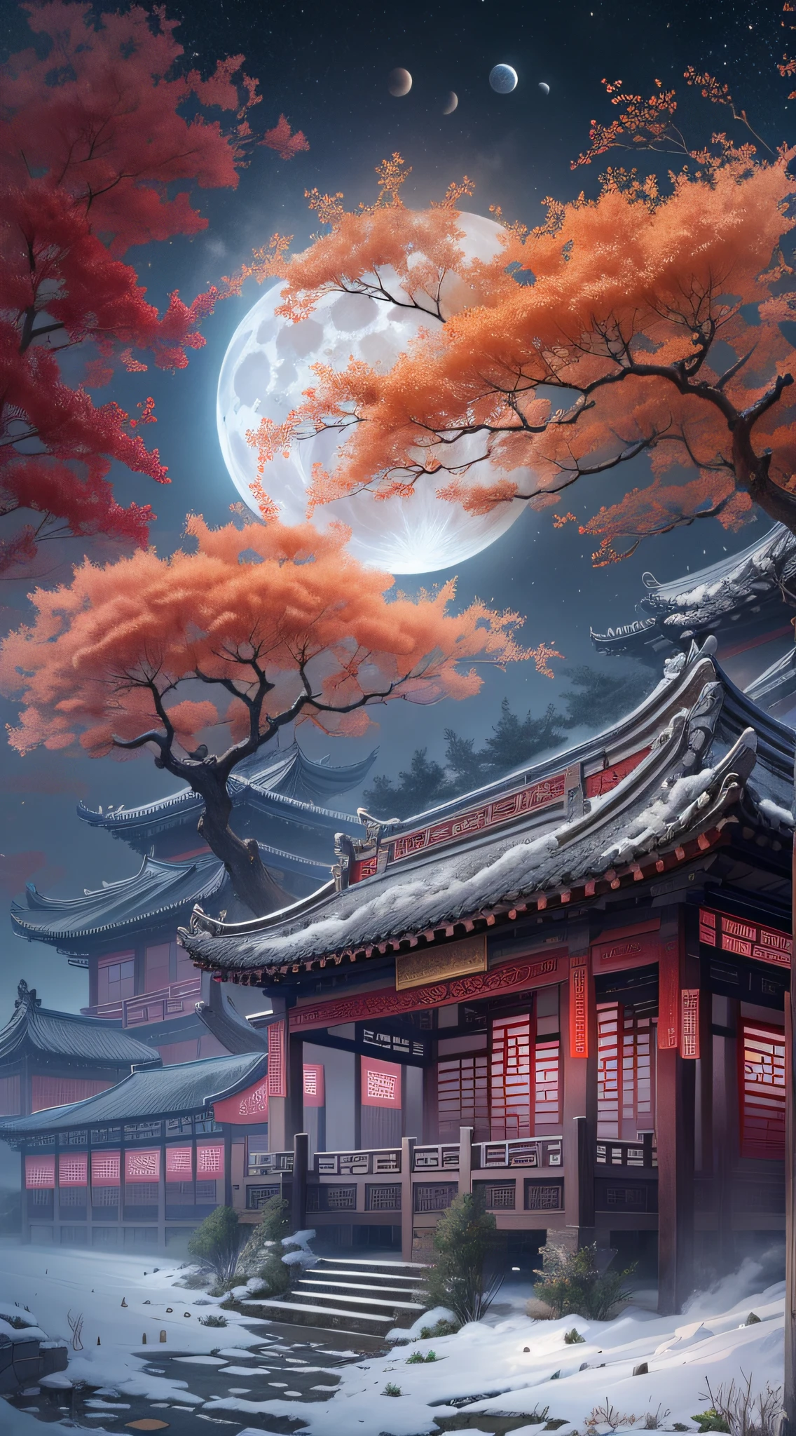 (Ancient Chinese beauties dancing:1.5),Surreal CG rendering ancient China,Jiangnan ancient buildings and ancient towns have Yaolin wonderland。the night,the huge moon:1.5,The stars are bright,The smoke is fascinating,Maple and milk leaves are trees。snow landscape。k hd