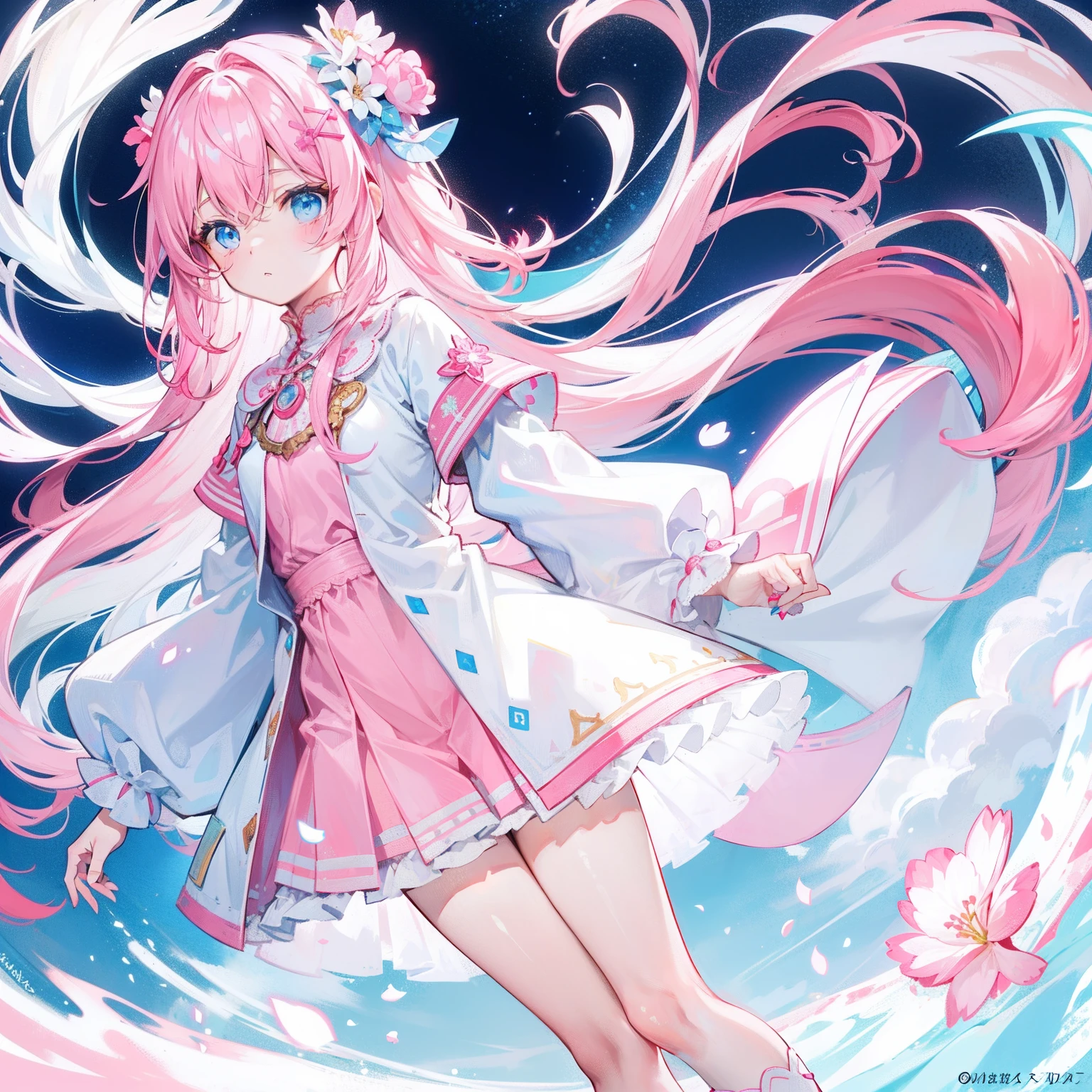 Long hair with light pink and white,Blue, White and pink clothes,She is a cute and cute girl,Transfer sister,It looks very light and gentle