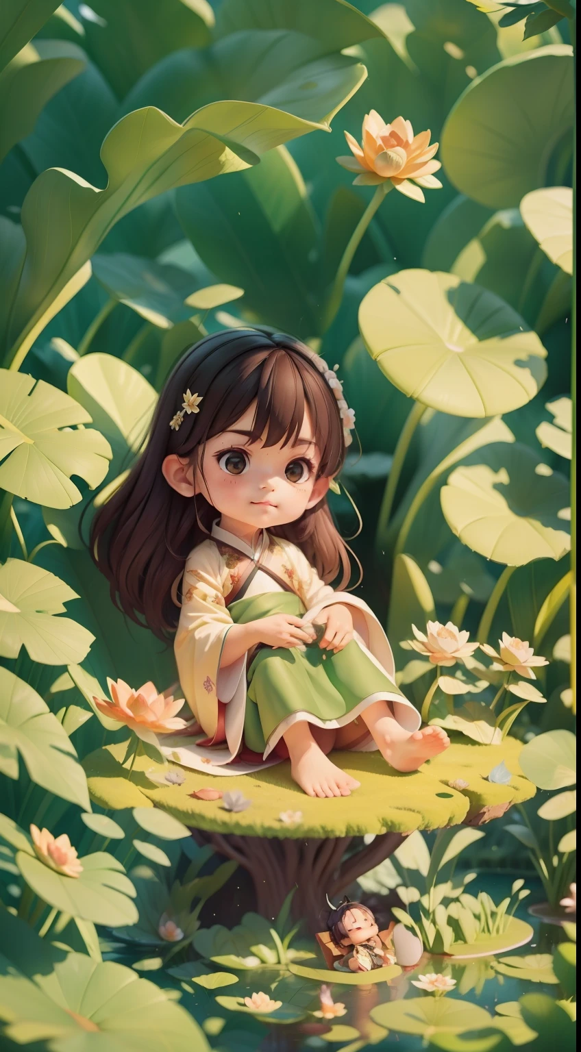 Pods full of lotus flowers, A boy happily sits on the lotus leaves of a pod, Huge lotus leaf, Barefoot, Dressed in white and green Hanfu, Light and shadow, A masterpiece