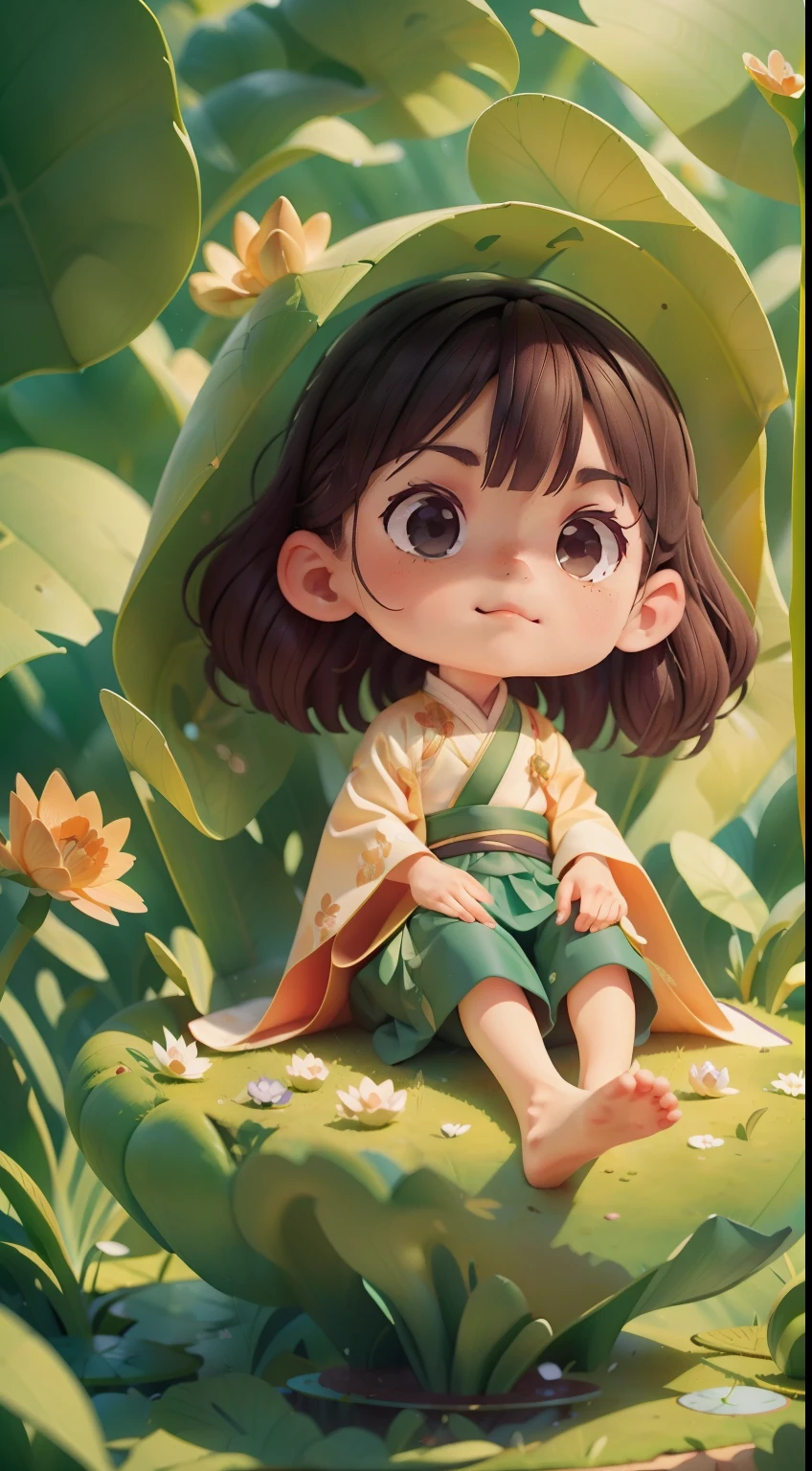 Pods full of lotus flowers, A little girl happily sits on the lotus leaves of a pod, Huge lotus leaf, Barefoot, Dressed in pink Hanfu, Light and shadow, A masterpiece