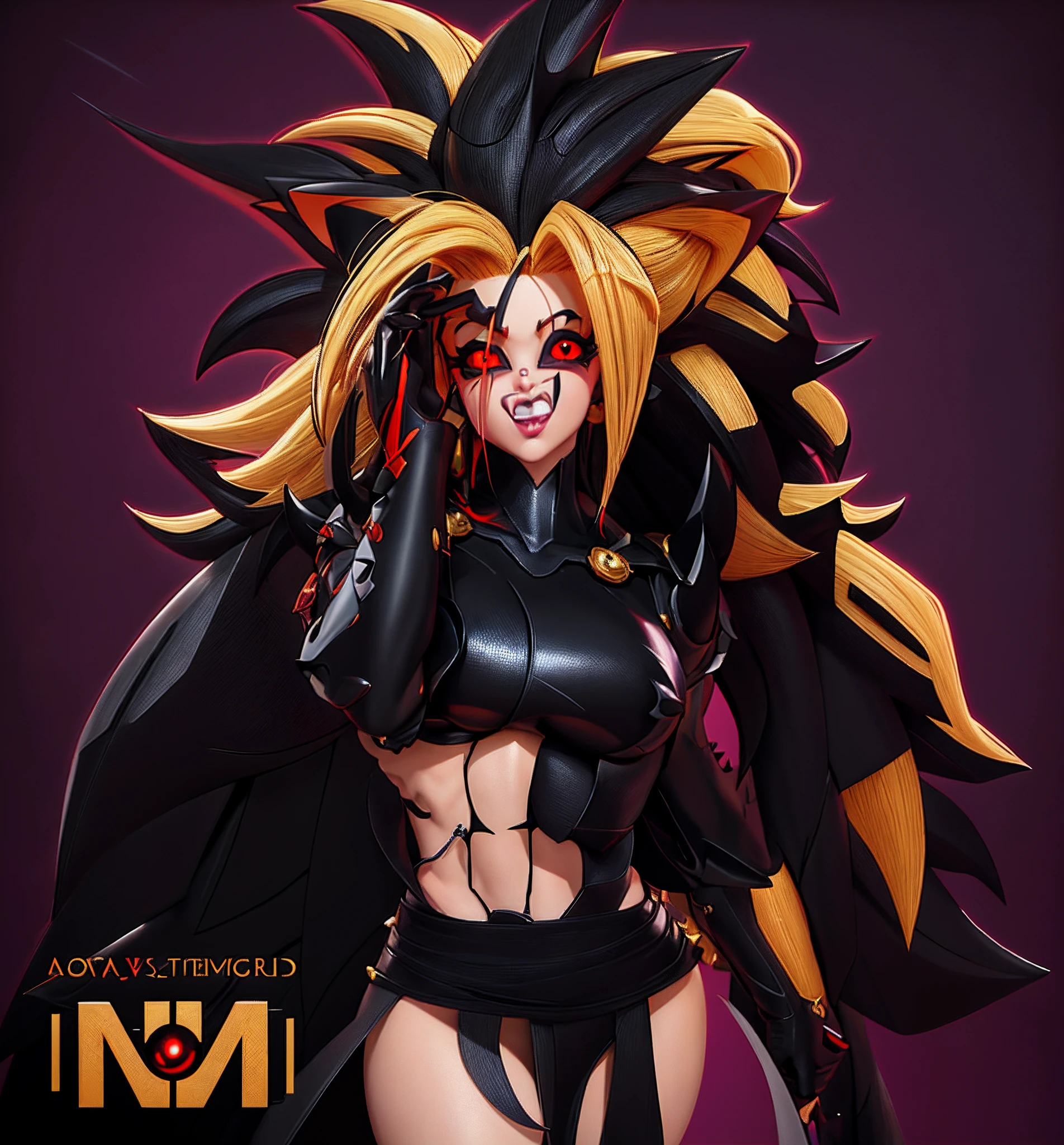 A cartoon image of a woman with a very large chest and very long blonde and black hair, Fanart officiel, Saiyan fille, official artwork, Broly, Version SFW, pose intimidante, symmetry!! portrait of akuma, a queue, Crocs, dans le style anime, Personnage de style anime, Detailed fanart, inspired by Taiyō Matsumoto, Artgerm, hyper realism, 8k, black sclera, red pupils, totally black sclera, black eyes with red pupils, golden horns