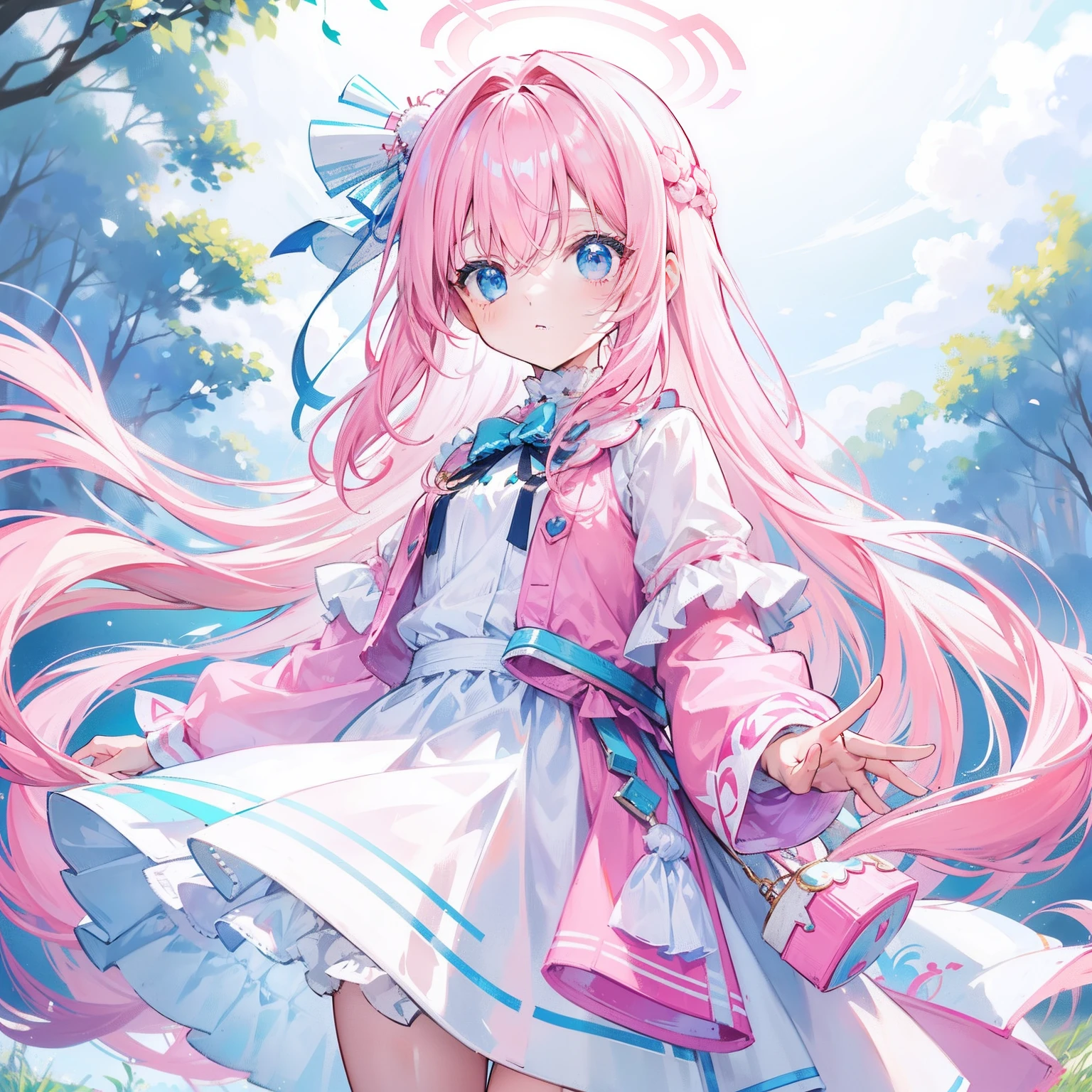 Long hair with light pink and white,Blue, White and pink clothes,She is a cute and cute girl,Transfer sister,It looks very light and warm