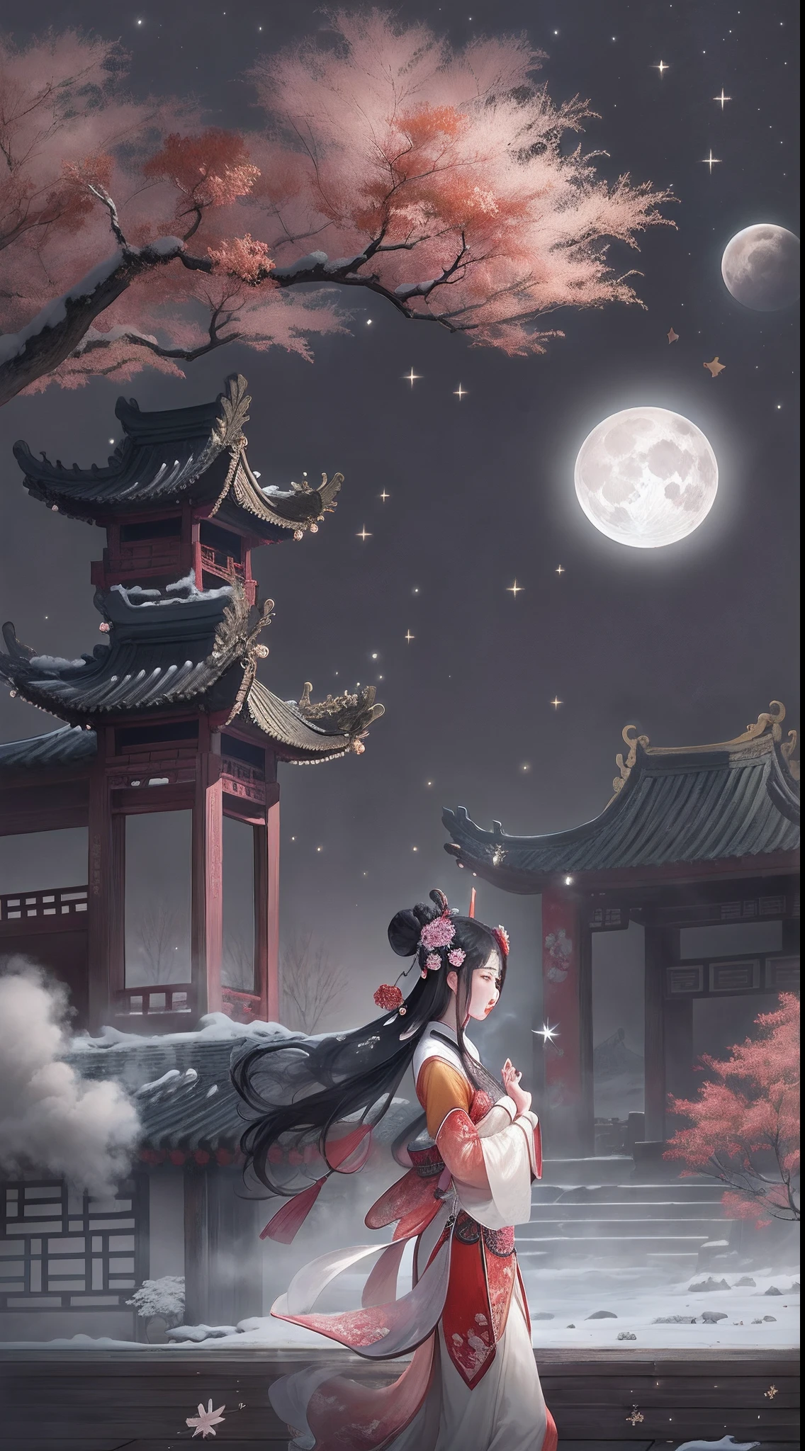 （Ancient Chinese beauties dancing：1.5），Surreal CG rendering ancient China，Jiangnan ancient buildings and ancient towns have Yaolin wonderland。the night，the huge moon：1.5，The stars are bright，The smoke is fascinating，Maple and milk leaves are trees。snow landscape。k hd