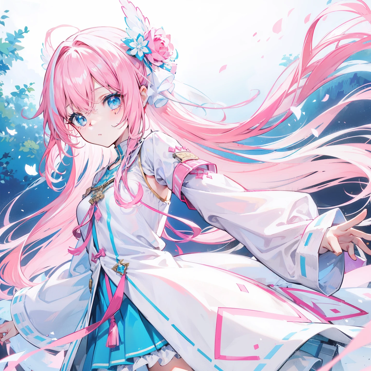 Long hair with light pink and white，Blue, White and pink clothes，She is a cute and cute girl，Transfer sister，It looks very light and warm