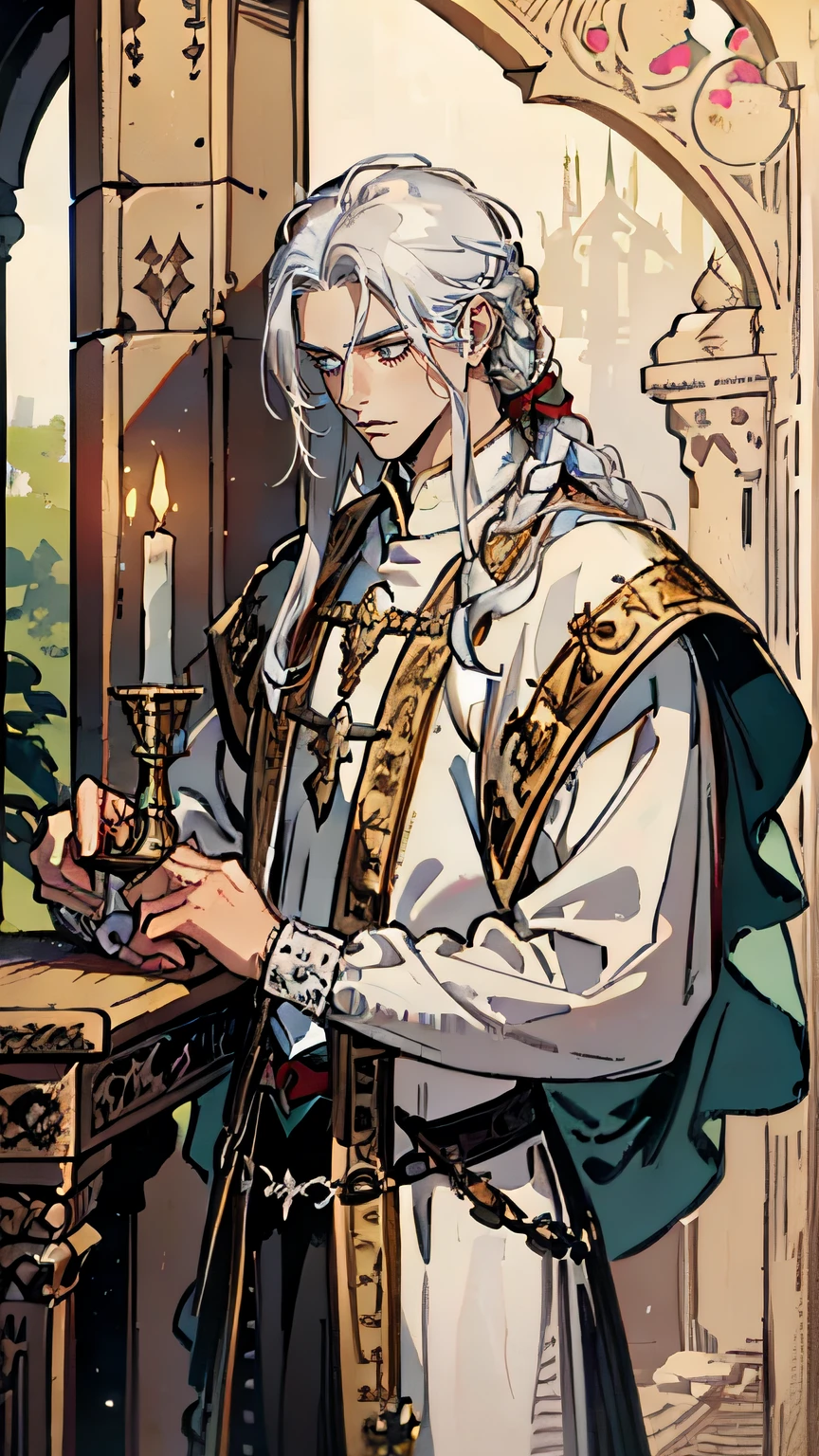Realistic, (masterpiece, top quality, best quality, official art,) very detailed, most detailed, (1boy:1.3), long white hair,
golden pupil, mysterious, handsome man,Priest,((medieval fantasy style)), fantasy clothing, intricate details, 1 male, handsome, tall muscular guy, braided ponytail
