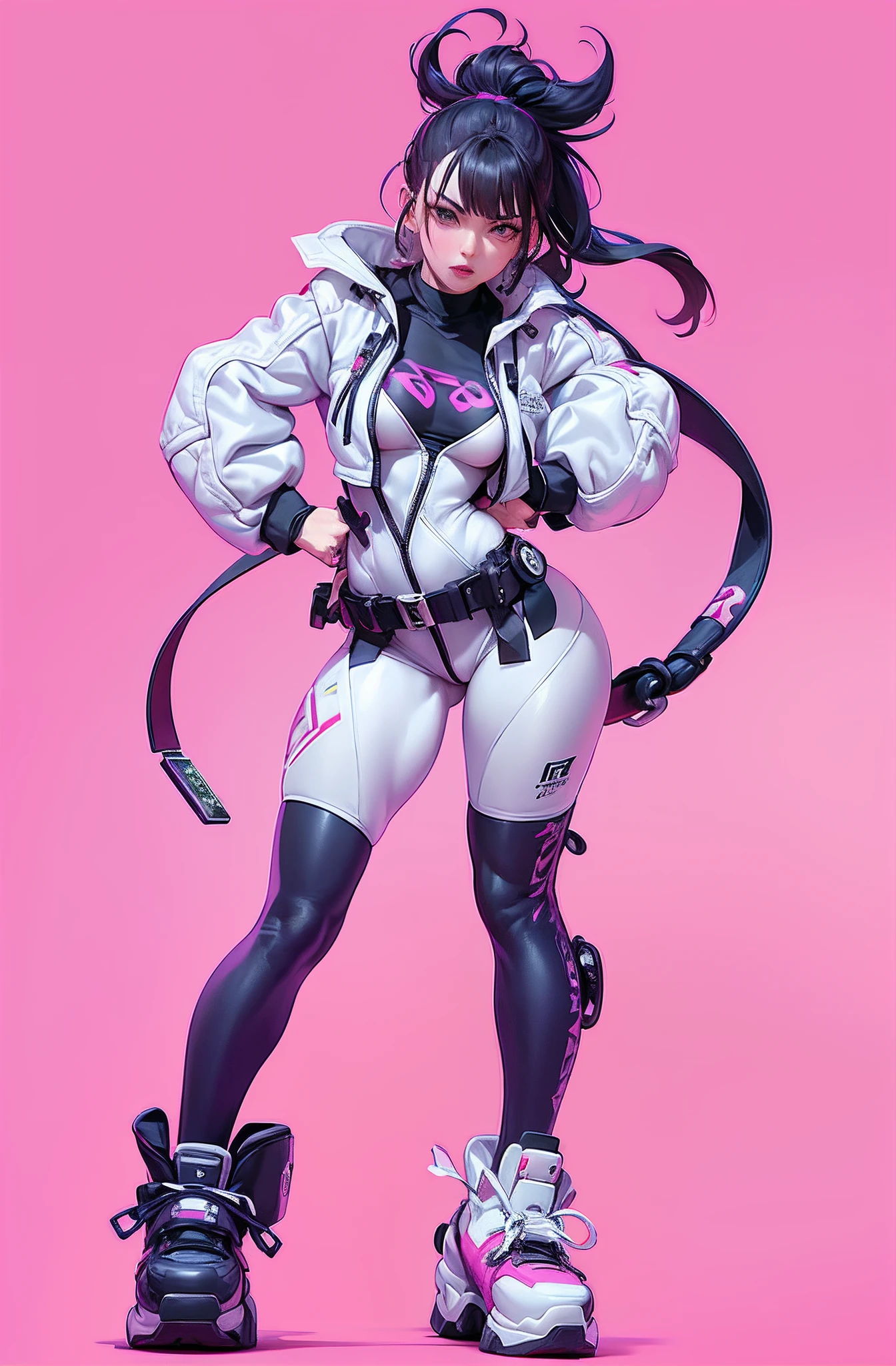 ((best quality)), ((master part)), ((realista)) e pGostosaografia ultra-detalhada, Juri Han,Menina bonita Juri Han de Street Fighter, bunda grande, Garota bonita, Neon light. veste um (Top Tecnologia-Desgaste) e um (corda preta, white pattern :1.2) , ((Beautiful and Aesthetic)), sexy, seios grandes, gostosa, mama grande, Crouching back position, cyberpunk gym, dingy gym,