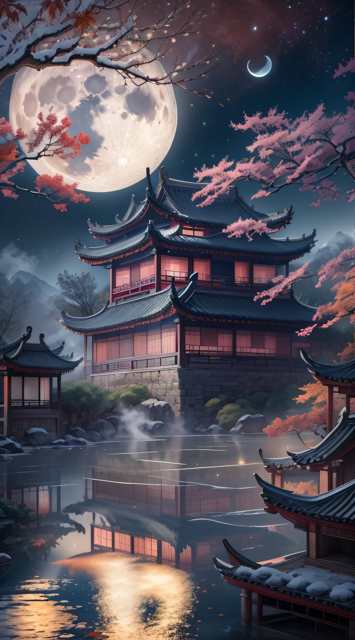 (Ancient Chinese beauties dancing:1.5),Surreal CG rendering ancient China,Jiangnan ancient buildings and ancient towns have Yaolin wonderland。the night,the huge moon:1.5,The stars are bright,The smoke is fascinating,Maple leaves and milk leaves are trees。snow landscape。k hd