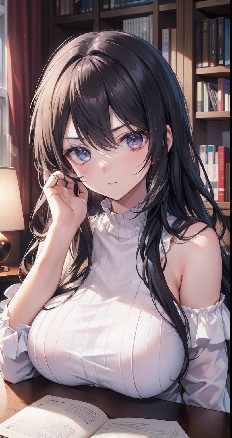 (tmasterpiece),(best quality),(highly detailed),(illustratio),(ultrahigh-resolution)a girl,off-the-shoulder costume,amazement,tutor,black color hair,straight long hair,white shirt,mature woman, 40-year-old woman,Big breasts,Scowling,Top-down view,Close-up photo,Write homework,Indoor in the bedroom,Bookcases,Tables