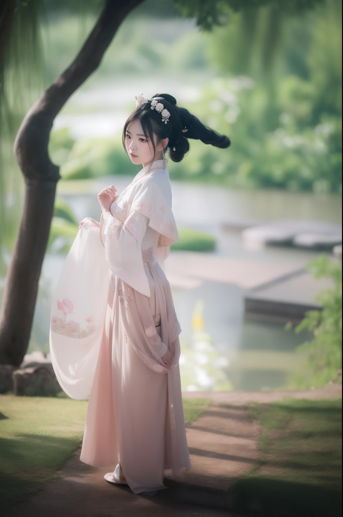 There was a woman sitting on the ground，Holding a flower in hand, Palace ， A girl in Hanfu, White Hanfu, Hanfu, Ethereal beauty, Wearing ancient Chinese clothes, Princesa chinesa antiga, Chinese girl, Traditional Chinese clothing, Inspired by Lan Ying, elegant japanese woman, with acient chinese clothes, a beautiful fantasy empress, China Princess, Chinese style, Chinese woman，ulzang-6500-v1.1，（RAW photogr：1.2），（（realisticlying：1.4）），best qualtiy，tmasterpiece，illustratio，Extremely Delicately Beautiful，astounding，finedetail，offcial art，Very detailed CG unity 8K wallpaper，absurderes，Incredibly Ridiculous res，hugefilesize，ultra - detailed，A high resolution，Beautiful Meticulous Girl，extremelydetailedeyesandface，beatiful detailed eyes，Light on the face，cinmatic lighting，（（extremely pink tight suit clothing）），1girll，full bodyesbian，full body shot shot，looking at viewert，（（blissful）），Best detail background，Lotus，Lotus leaf，Courtyard garden，lotuses，ponds，Canon 85 mm