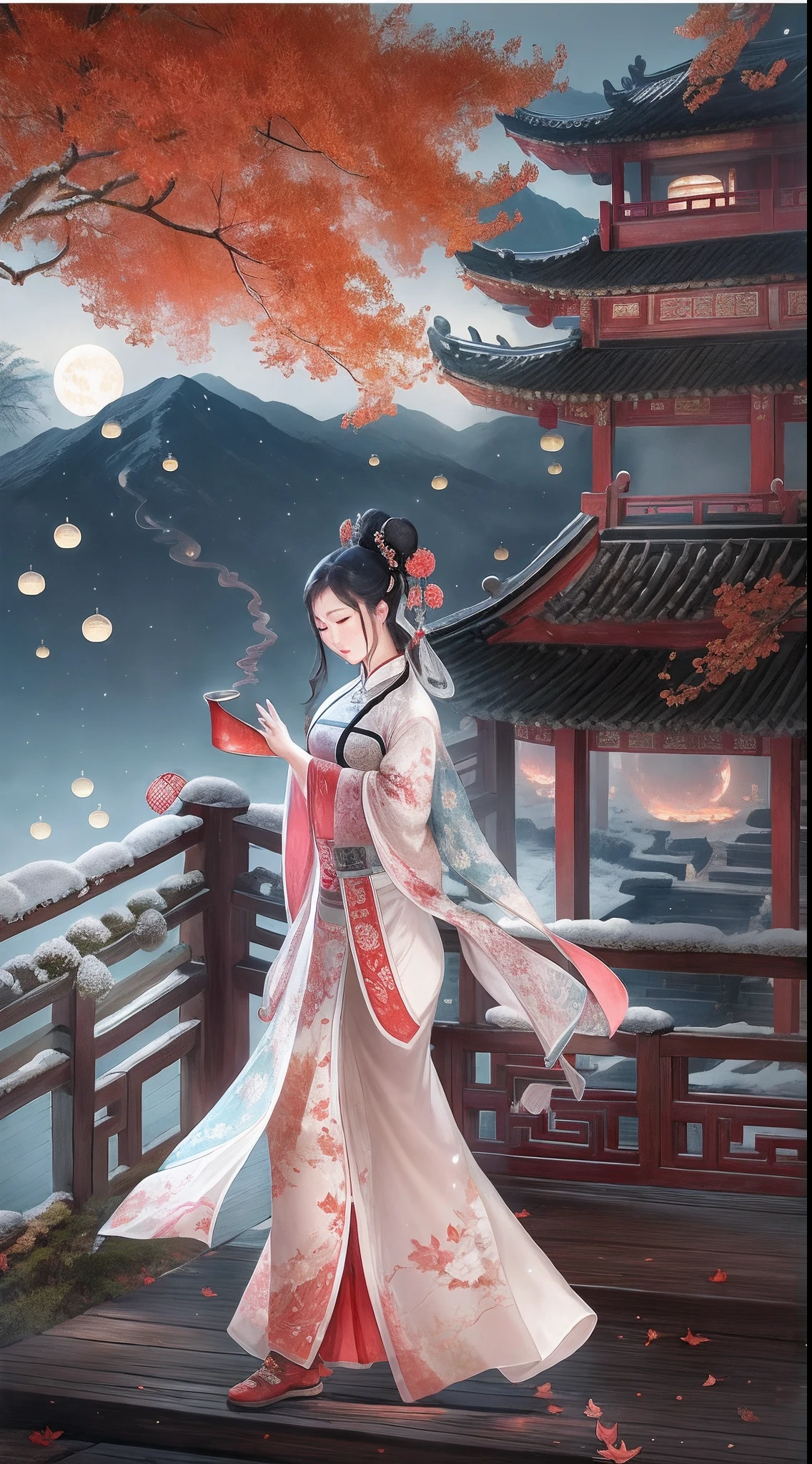 (Ancient Chinese beauties dancing:1.5),Surreal CG rendering ancient China,Jiangnan ancient buildings and ancient towns have Yaolin wonderland。the night,the huge moon:1.5,The stars are bright,The smoke is fascinating,Maple and milk leaves are trees。snow landscape。k hd
