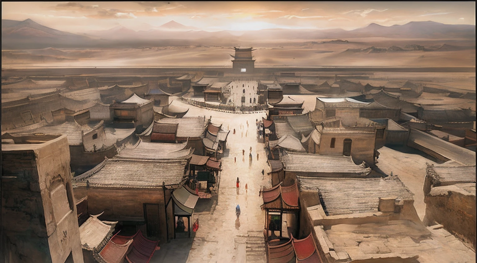 Dunhuang Street Chen Shuguang Hi, Beautiful rendering of the Tang Dynasty, film Silk Road landscape, ancient city landscape, inspired by Raphael Lacoste, Estilo de Raphael Lacoste, concept art matte painting, matte painting concept art, Ancient city, game art matte painting, author：Qu Leilei, author：Li Zai, dota matte painting concept art