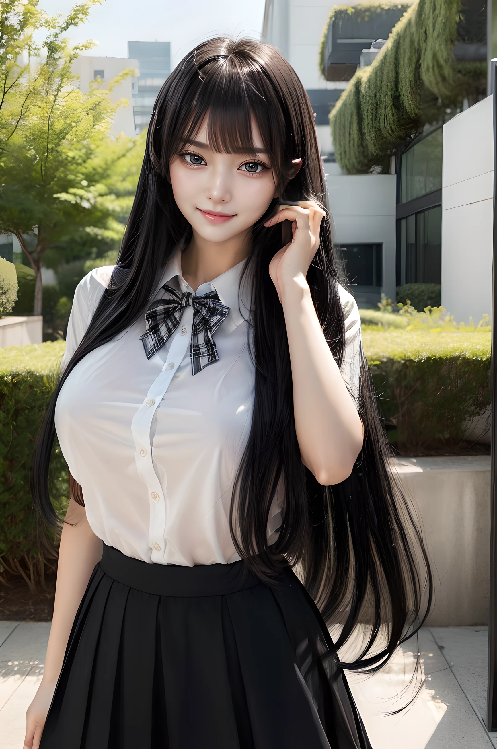 Detailed face、highlight、Asian Girl、thigh、breast enhancement、Black Hair、Heavy bangs、high school girl、skirt、
