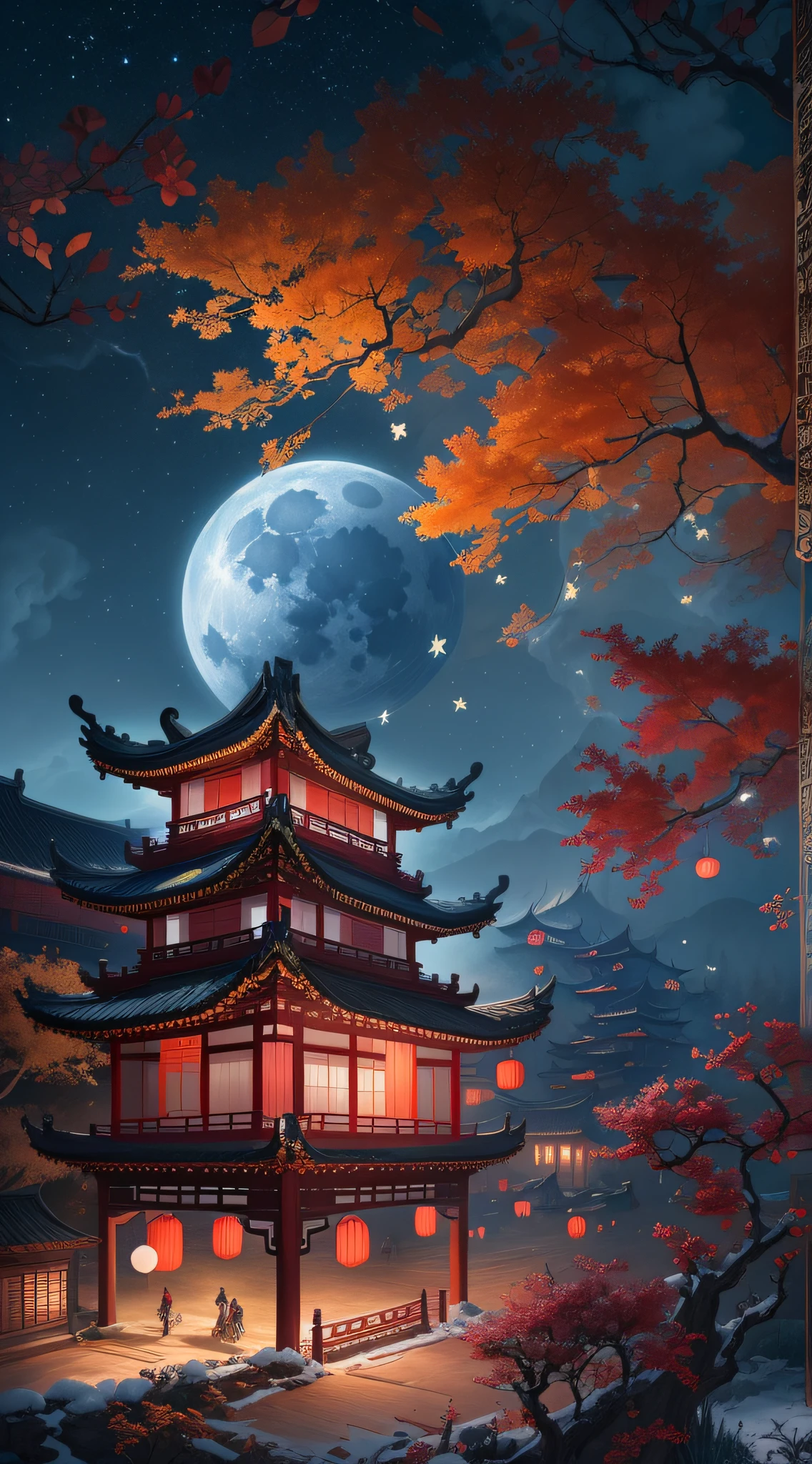 （Ancient Chinese beauties dancing：1.2），Surreal CG rendering ancient China，Jiangnan ancient buildings and ancient towns have Yaolin wonderland。the night，the huge moon：1.5，The stars are bright，The smoke is fascinating，Maple leaves and milk leaves are trees。snow landscape。k hd