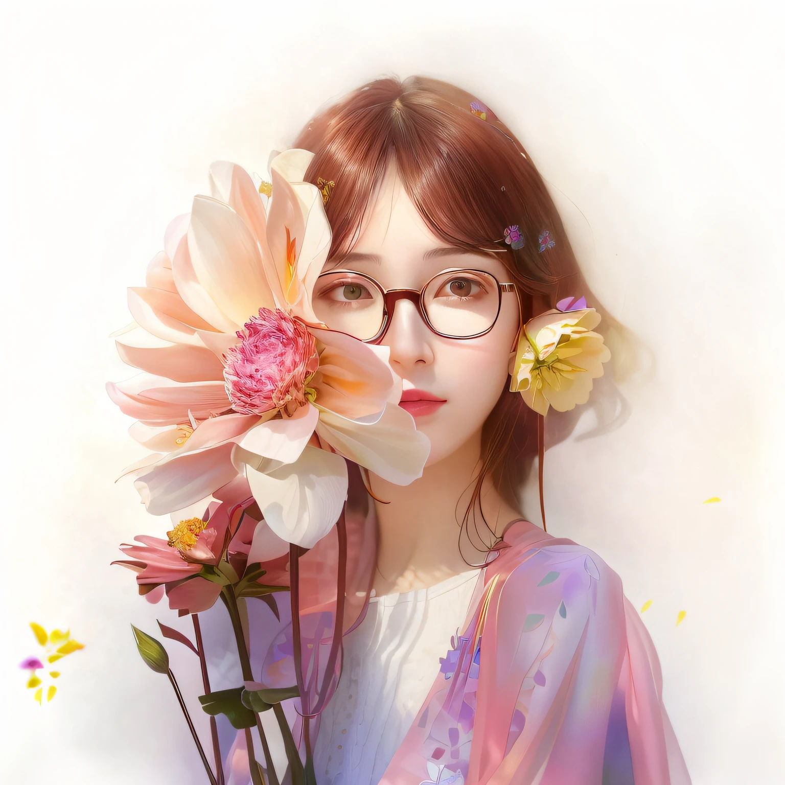 There was a woman with glasses holding a bouquet of flowers, Guviz-style artwork, With glasses, wearing thin large round glasses, Guviz, high quality portrait, female portrait with flowers, with square glasses, korean artist, By Li Song, With flowers, beautiful portrait image, Realistic. Cheng Yi, inspired by Yanjun Cheng