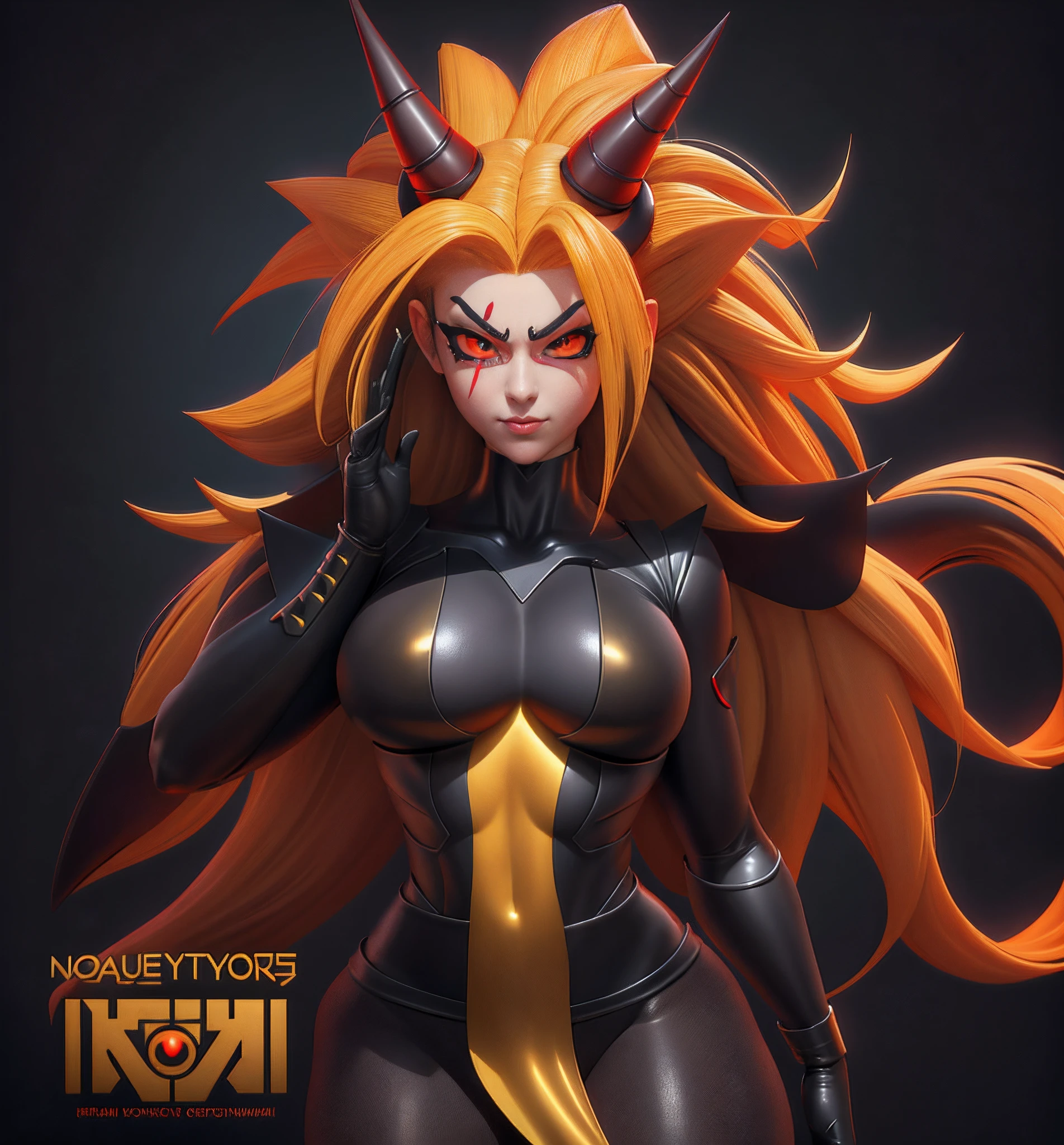 A cartoon image of a woman with a very large chest and very long blonde and black hair, Fanart officiel, Saiyan fille, official artwork, Broly, Version SFW, pose intimidante, symmetry!! portrait of akuma, a queue, Crocodiles, dans le style anime, Personnage de style anime, Detailed fanart, inspired by Taiyō Matsumoto, Artgerm, hyper realism, 8k, black sclera, pupilles rouges, Totally black sclera, yeux noirs avec pupilles rouges, Golden Horns