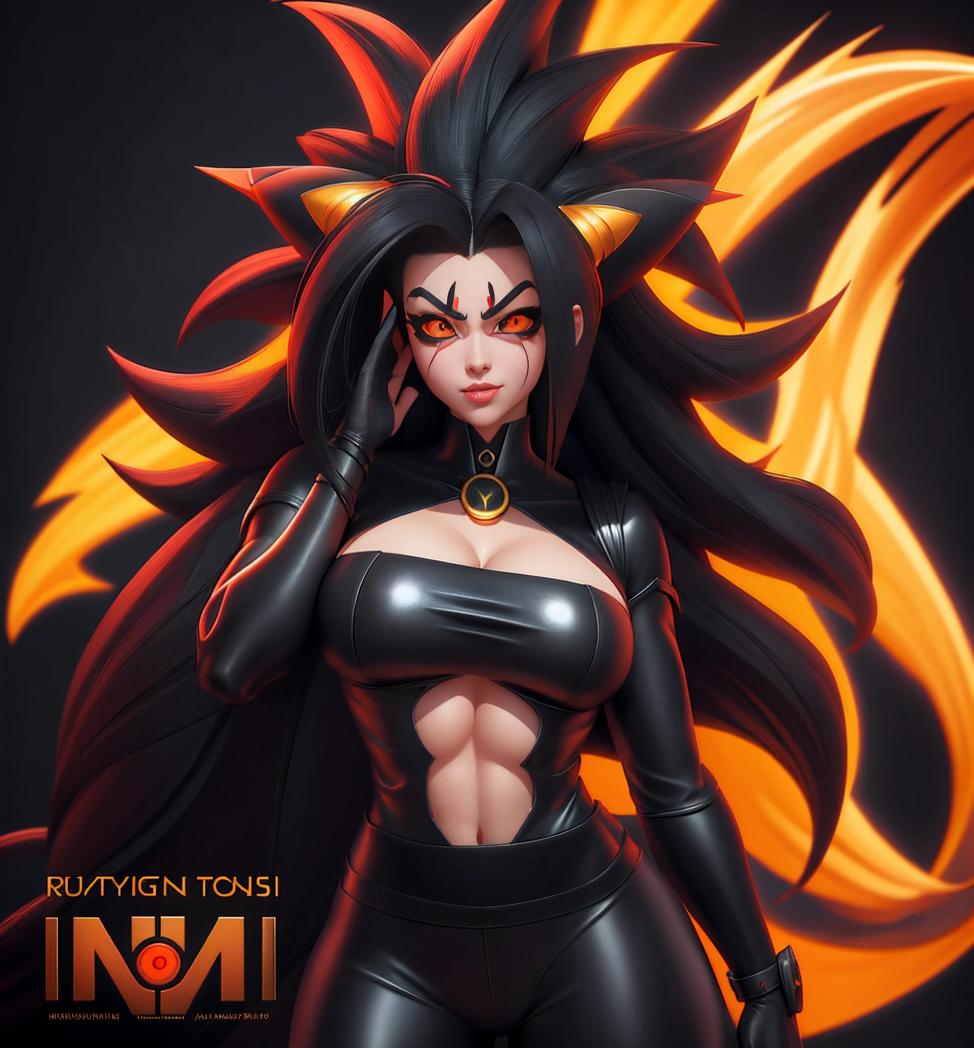 A cartoon image of a woman with a very large chest and very long blonde and black hair, Fanart officiel, Saiyan fille, official artwork, Broly, Version SFW, pose intimidante, symmetry!! portrait of akuma, a queue, Crocodiles, dans le style anime, Personnage de style anime, Detailed fanart, inspired by Taiyō Matsumoto, Artgerm, hyper realism, 8k, black sclera, pupilles rouges, Totally black sclera, yeux noirs avec pupilles rouges, Golden Horns