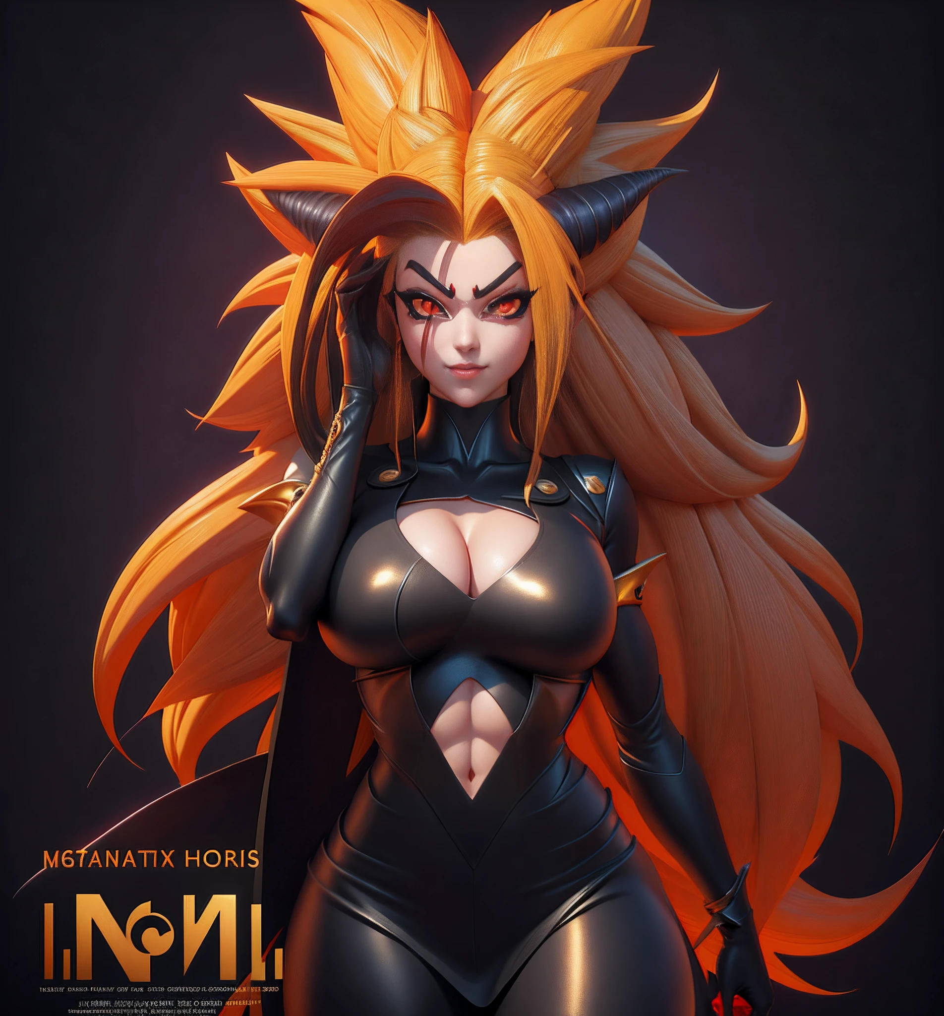 A cartoon image of a woman with a very large chest and very long blonde and black hair, Fanart officiel, Saiyan fille, official artwork, Broly, Version SFW, pose intimidante, symmetry!! portrait of akuma, a queue, Crocodiles, dans le style anime, Personnage de style anime, Detailed fanart, inspired by Taiyō Matsumoto, Artgerm, hyper realism, 8k, black sclera, pupilles rouges, Totally black sclera, yeux noirs avec pupilles rouges, Golden Horns