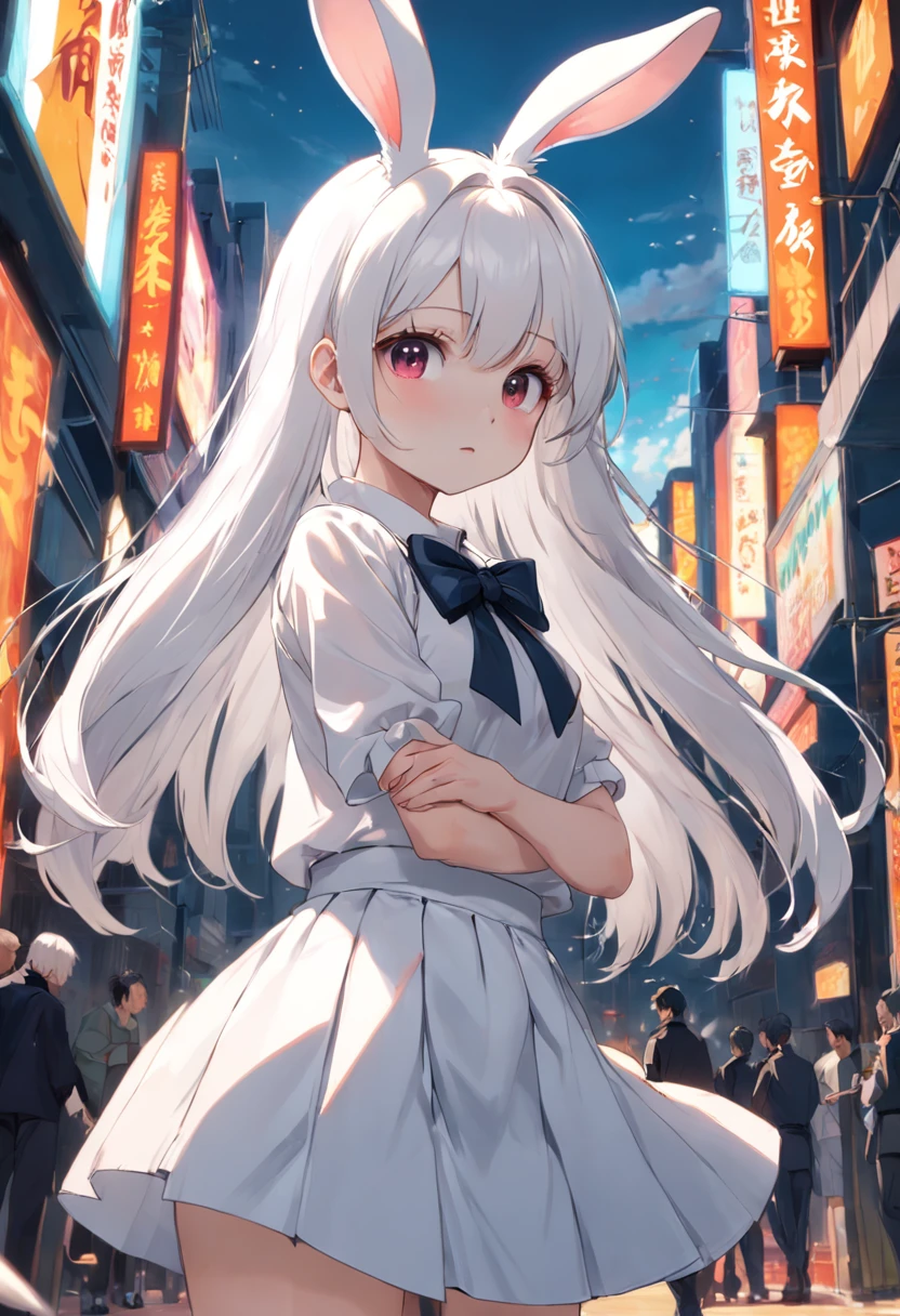 Girl White Rabbit White Hair Bow Short Skirt White Top Hands Behind You