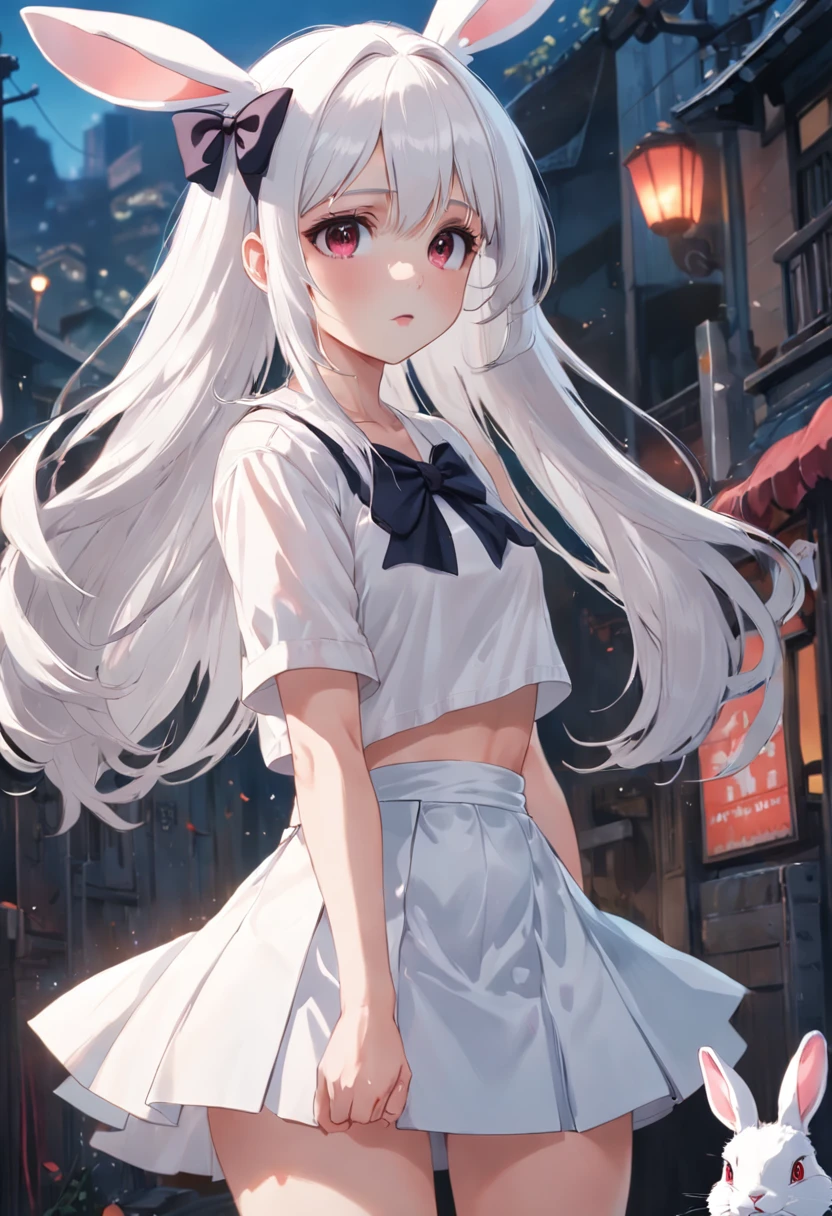 Girl White Rabbit White Hair Bow Short Skirt White Top Hands Behind You