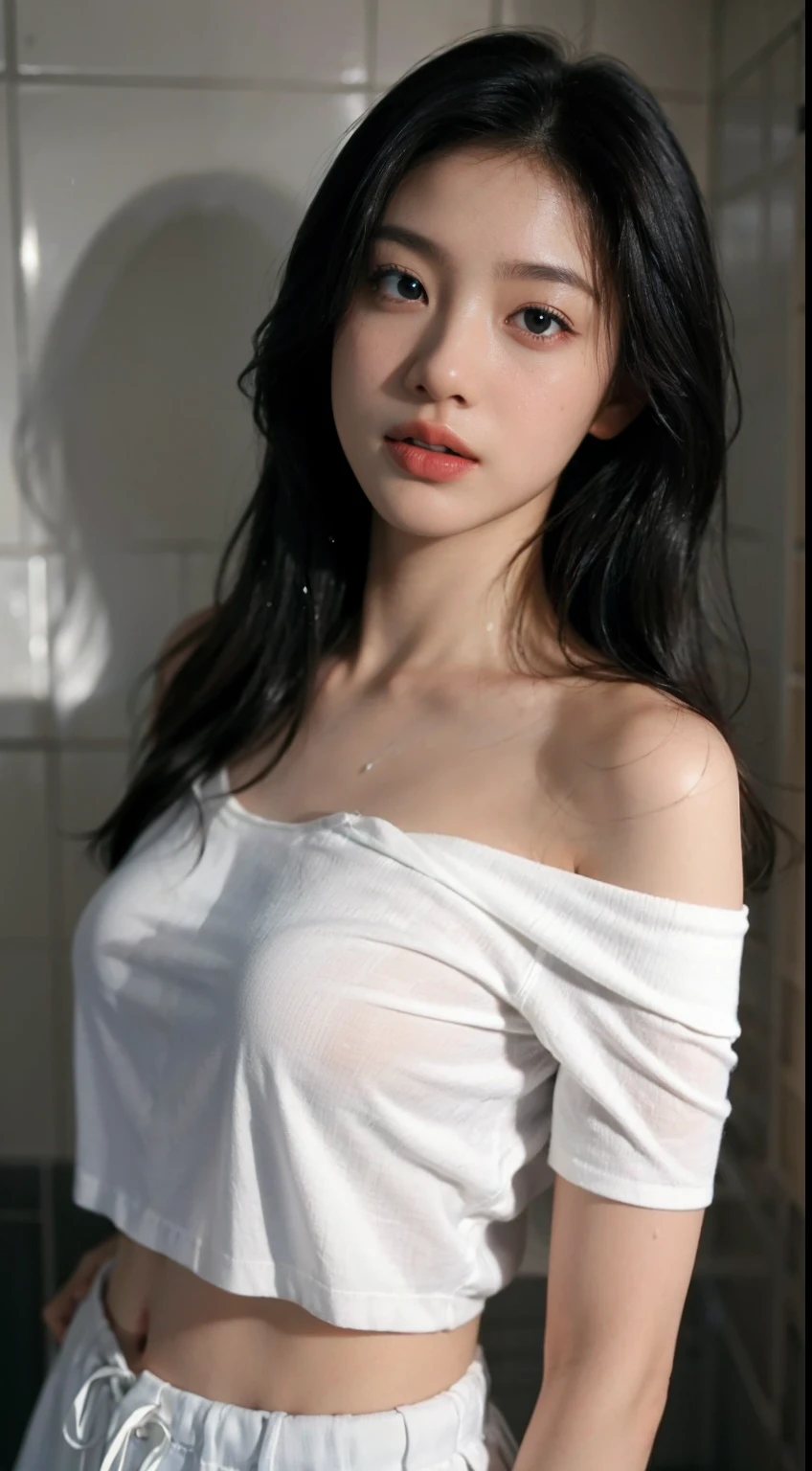 1girl, (Super:1.2), ((White shirt:1.2)), RAW Photos, (Photorealistic:1.37, Realistic), High Definition CG Unified 8K Wallpaper, Watch Viewer, ((Straight from Front))), (HQ Skin: 1.8, Glossy Skin), 8K UHD, DSLR, Soft Lighting, High Quality, Film Grain, FUJIFILM XT3, ((Upper Body: 1.6) ), (Pro Lighting: 1.6), (shower, wet body, wet clothes: 4.1), from below, emphasizing cleavage, off-shoulder, braless