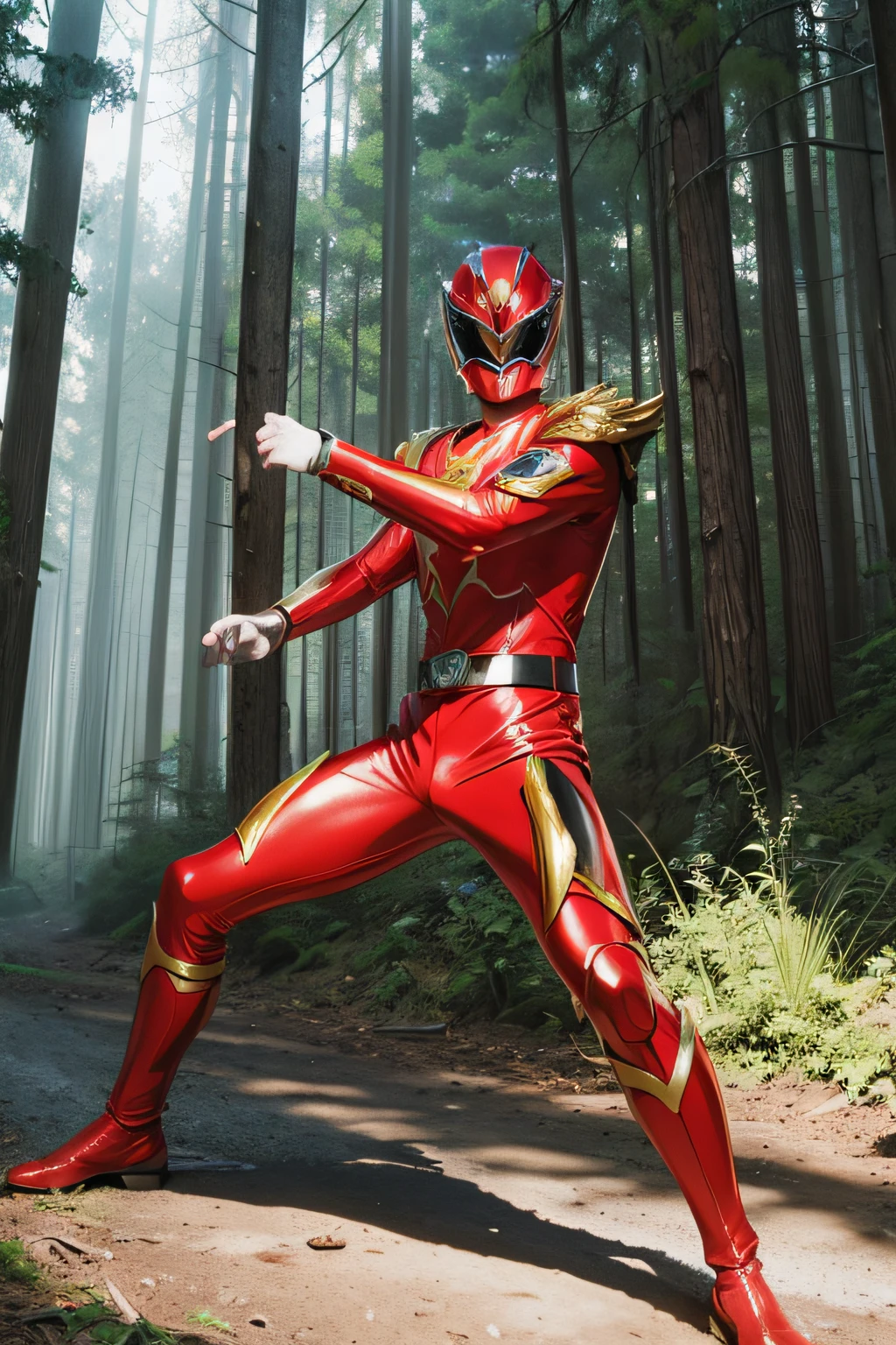 masutepiece, Super Detail, Best Quality, hight resolution, reflective light, ((Anatomically correct)), power ranger, 独奏, (Very shiny helmet and suit), fighting poses, ((Forest in the background))