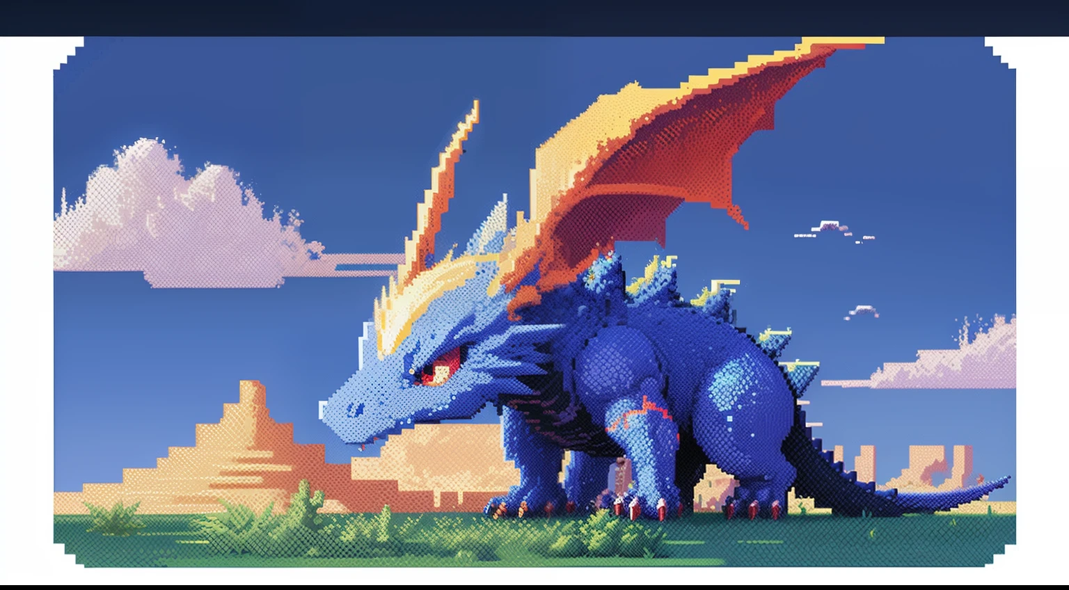 Pixel image of a dragon, A desert,blue-sky,baiyun,depth of fields,Dragon pixel art, 1 0 0 0 x 1 0 0 0 pixel art, pixel art sprite, videogame sprite, high quality pixel art, Pixel art vintage Digimon bitmap, For red and blue Digimon,Pixel uh, 32-bit pixel art, pixel art 8 - bit, pixelart style,Colors are vivid and highly saturated