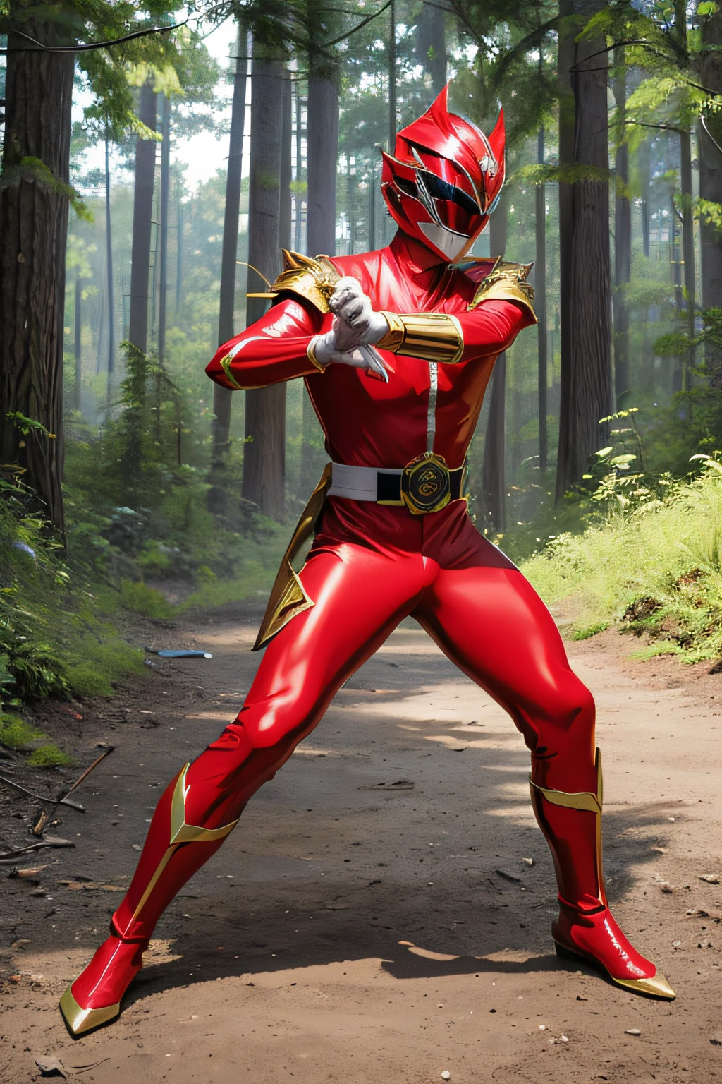 masutepiece, Super Detail, Best Quality, hight resolution, reflective light, ((Anatomically correct)), power ranger, 独奏, (Very shiny helmet and suit), fighting poses, ((Forest in the background))