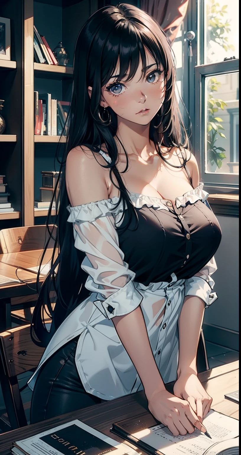 （tmasterpiece），（best quality），（highly detailed），（illustratio），（ultrahigh-resolution）a girl，off-the-shoulder costume，amazement，tutor，black color hair，straight long hair，white shirt，mature woman， 40-year-old woman，Big breasts，Scowling，Top-down view，Close-up photo，Write homework，Indoor in the bedroom，Bookcases，Tables