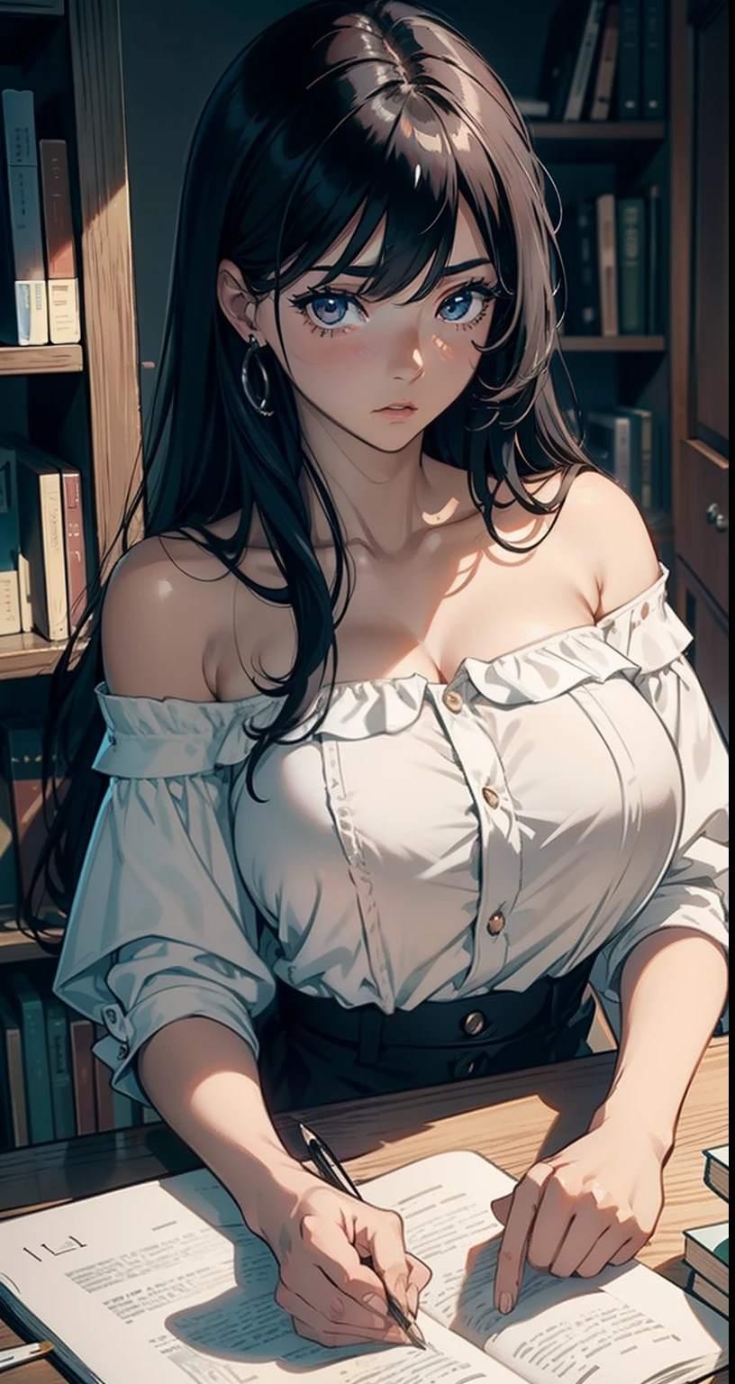 （tmasterpiece），（best quality），（highly detailed），（illustratio），（ultrahigh-resolution）a girl，off-the-shoulder costume，amazement，tutor，black color hair，straight long hair，white shirt，mature woman， 40-year-old woman，Big breasts，Scowling，Top-down view，Close-up photo，Write homework，Indoor in the bedroom，Bookcases，Tables