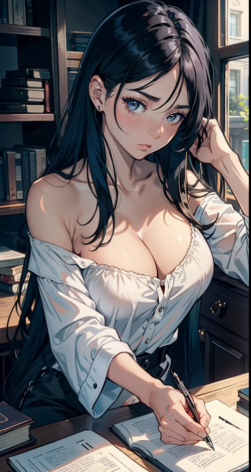 (tmasterpiece),(best quality),(highly detailed),(illustratio),(ultrahigh-resolution)a girl,off-the-shoulder costume,amazement,tutor,black color hair,straight long hair,white shirt,mature woman, 40-year-old woman,Big breasts,Scowling,Top-down view,Close-up photo,Write homework,Indoor in the bedroom,Bookcases,Tables