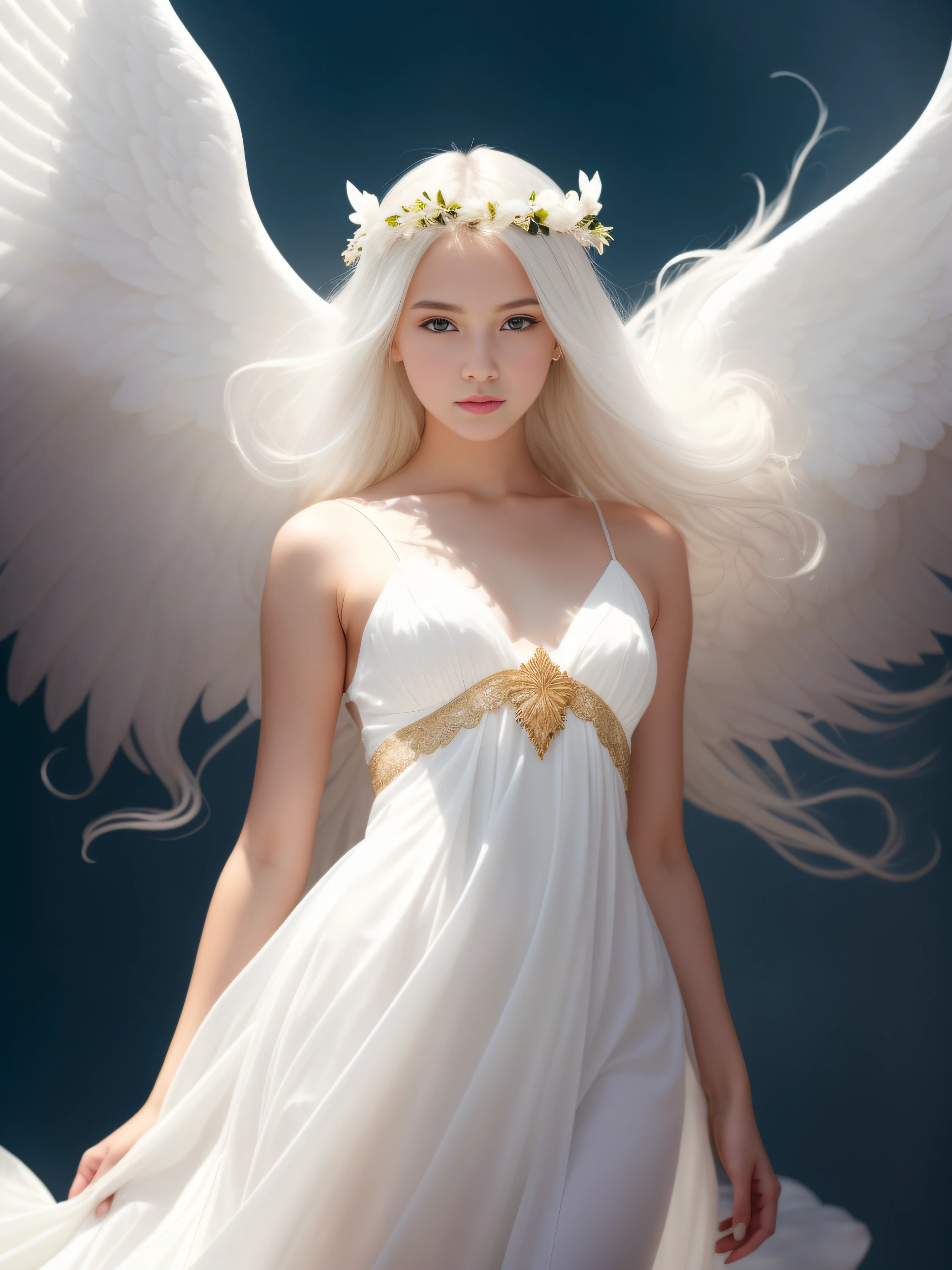 There is a woman in a white dress with white hair and gold details。, Beautiful Angel, of beautiful angel, of an beautiful angel girl, a beautiful female angel, Portrait of a beautiful angel, full - body majestic angel, To shine like an angel, tall female angel, ethereal angelic being of light, angelicales, beautiful angel girl portrait, Angel Girl, a stunning young ethereal figure、14years